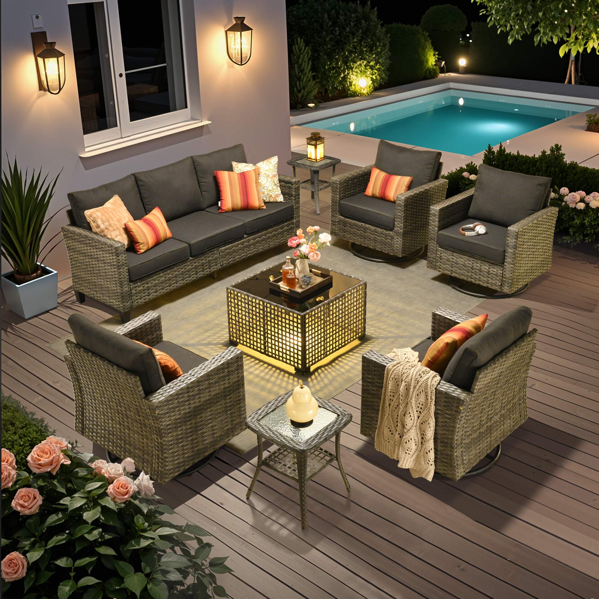OVIOS Outdoor Patio Furniture Set with Wicker Sofa Loveseat Ottomans and Rocking Chairs