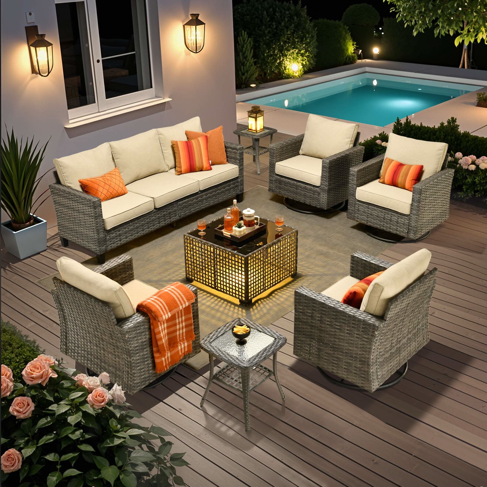 Beige | OVIOS 8-piece wicker patio conversation set with solar table and swivel chairs.