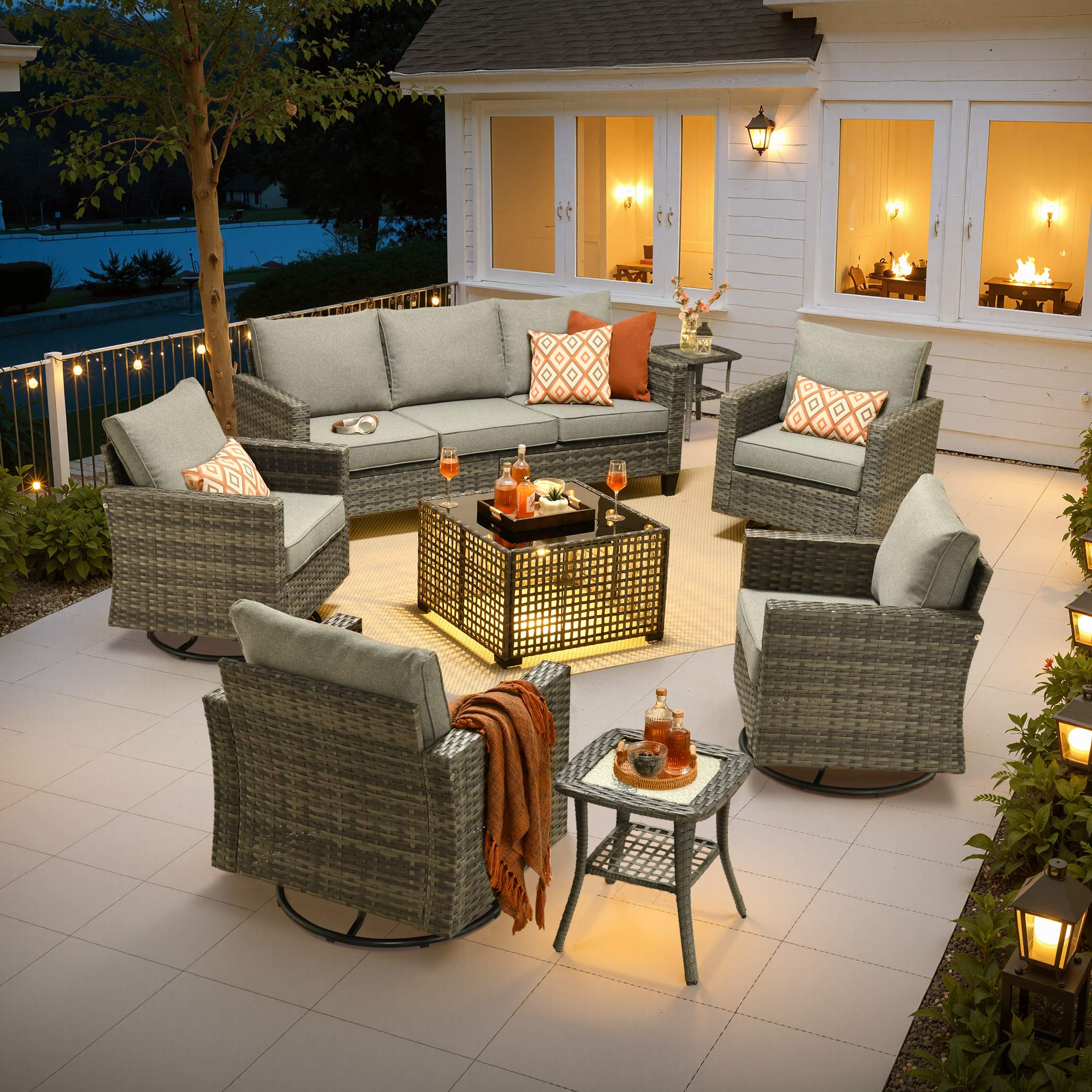 OVIOS Outdoor Patio Furniture Set with Wicker Sofa Loveseat Ottomans and Rocking Chairs