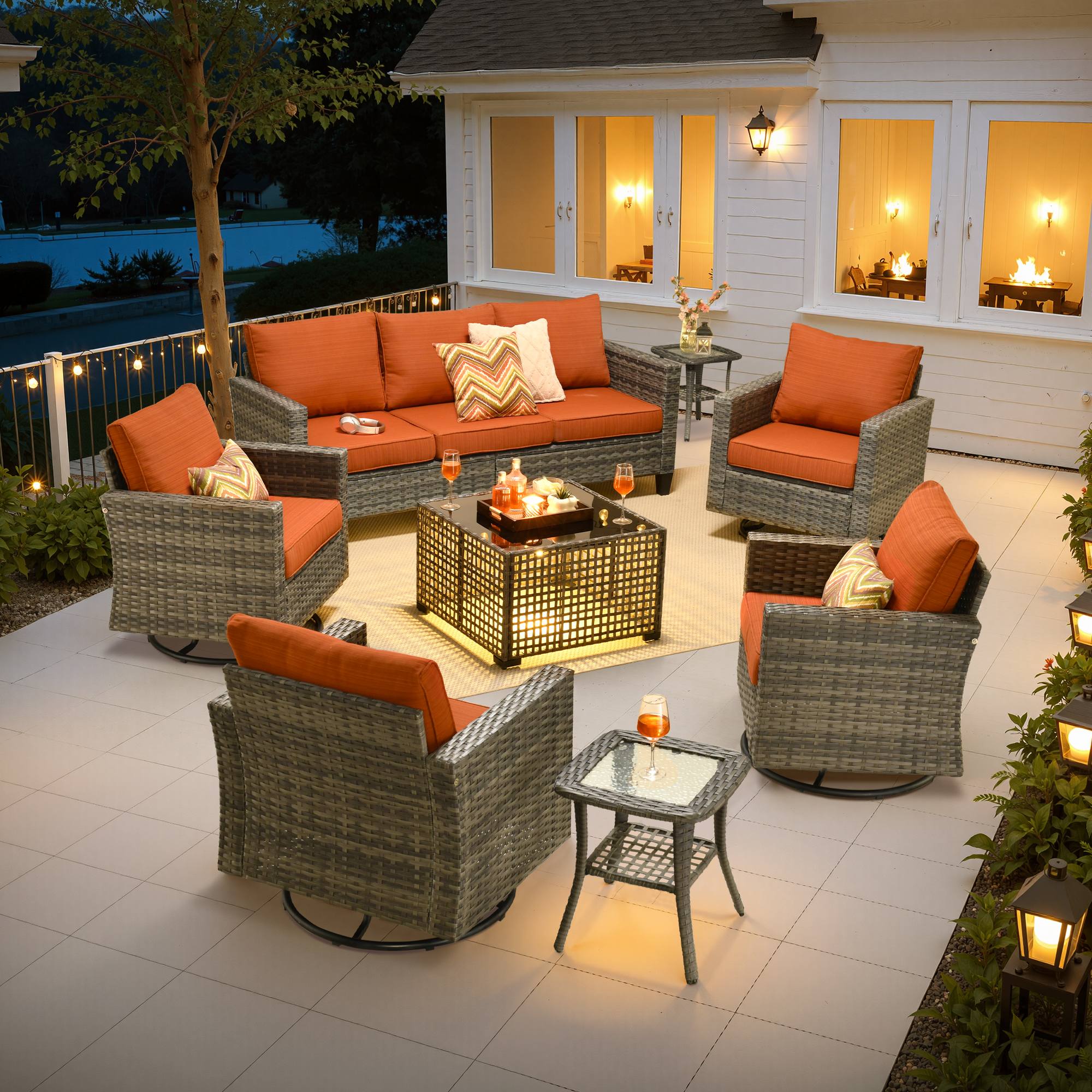 OVIOS Outdoor Patio Furniture Set with Wicker Sofa Loveseat Ottomans and Rocking Chairs