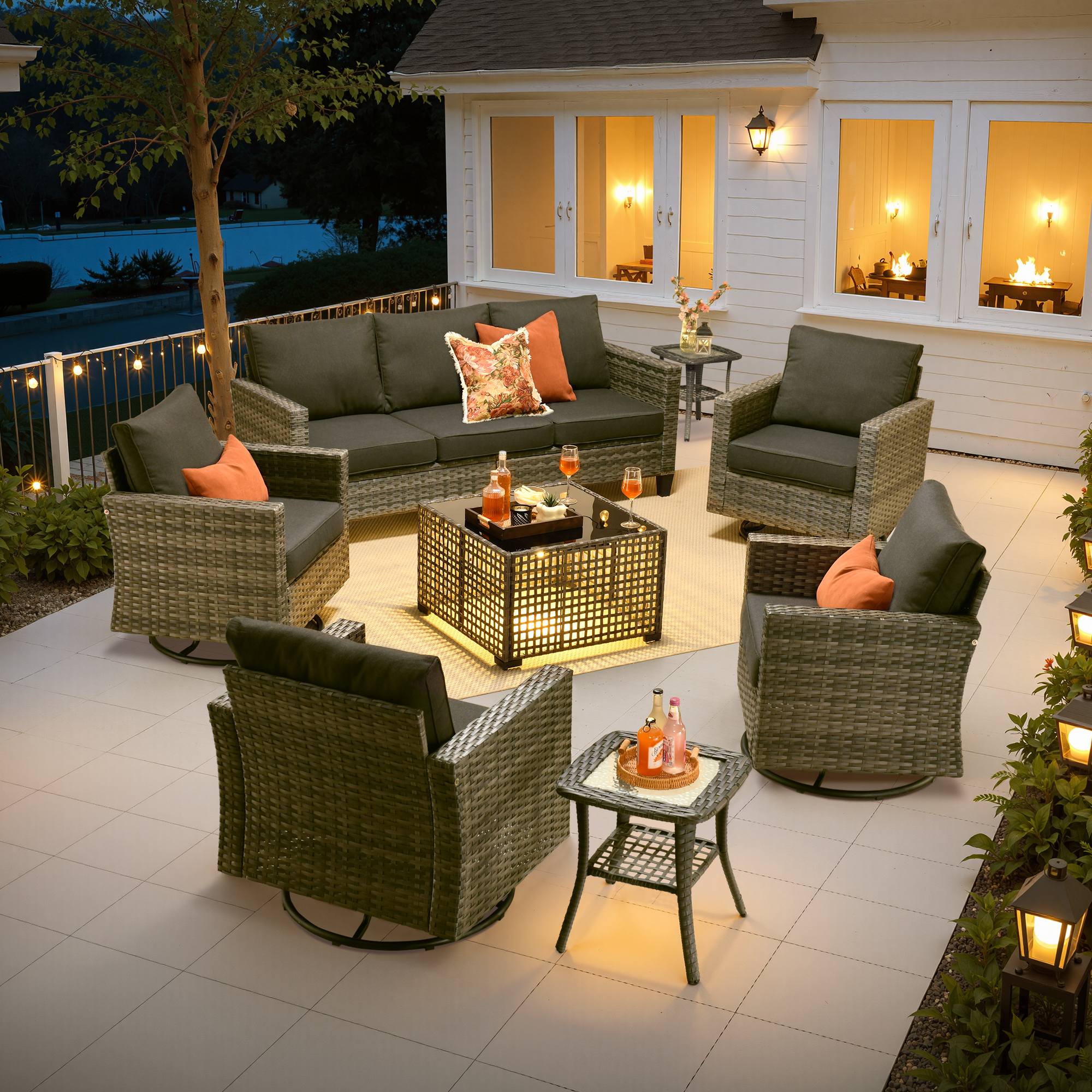 OVIOS Outdoor Patio Furniture Set with Wicker Sofa Loveseat Ottomans and Rocking Chairs