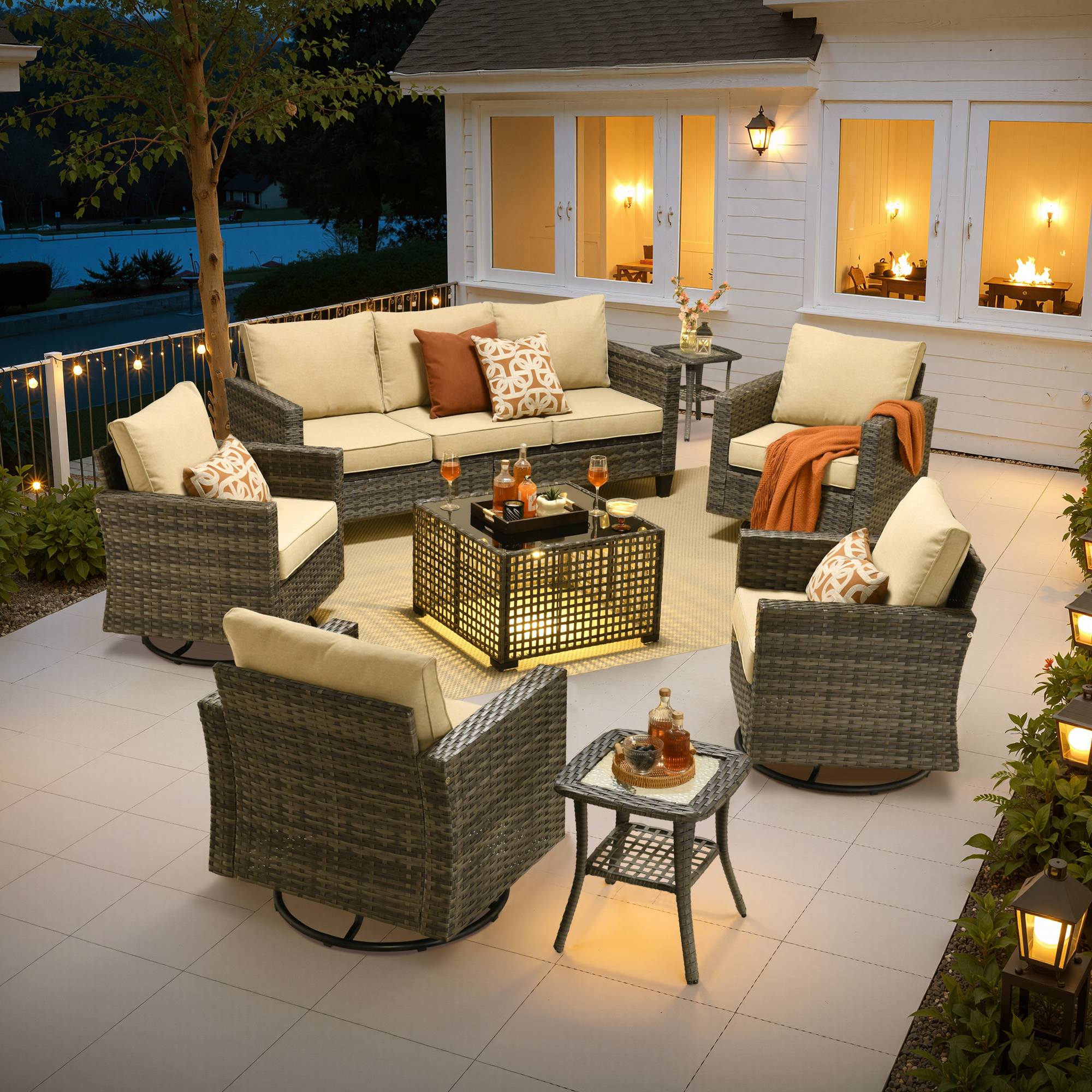 OVIOS Outdoor Patio Furniture Set with Wicker Sofa Loveseat Ottomans and Rocking Chairs