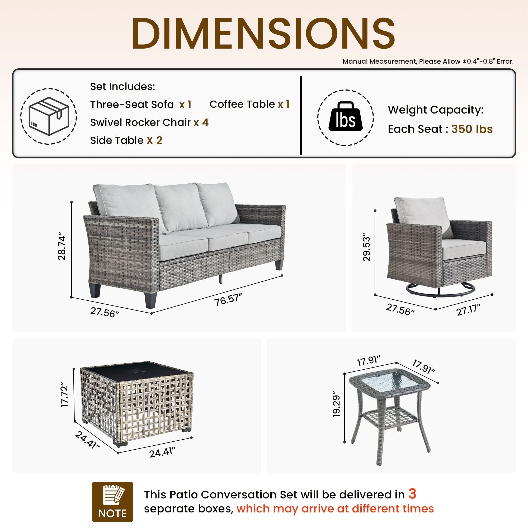 Grey | OVIOS 8pc gray wicker patio conversation set dimensions, including sofa & chairs.