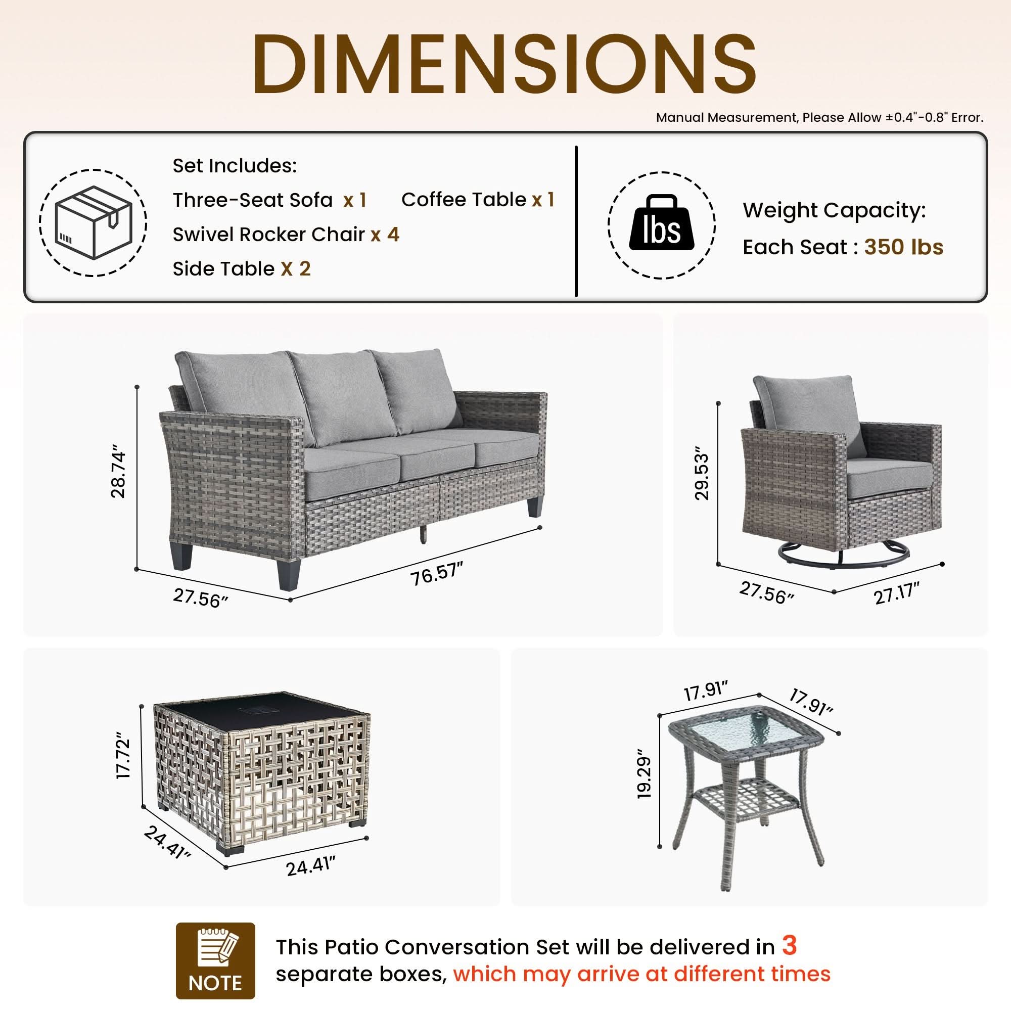 Dark Grey | OVIOS 8pc wicker patio set dimensions: sofa, 4 swivel chairs, solar coffee table, side tables. Max seat weight 350 lbs.