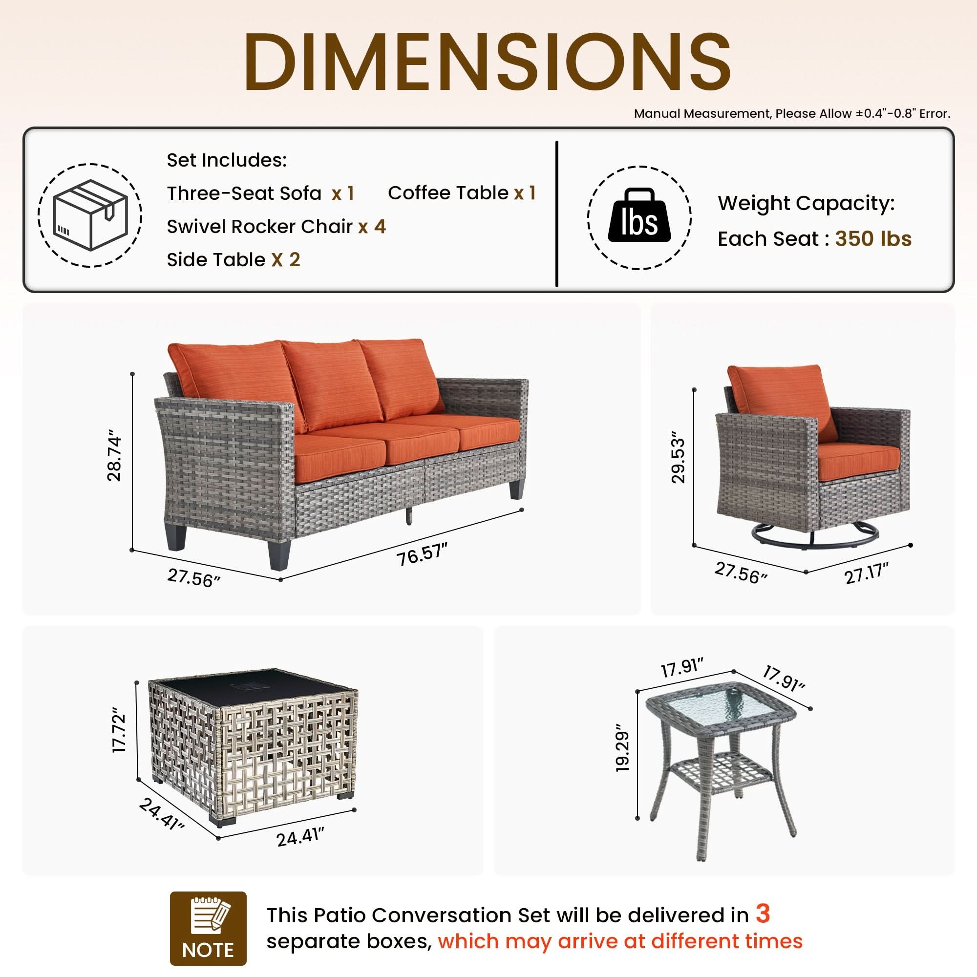 Orange | OVIOS 8-piece wicker patio set dimensions: sofa, 4 swivel chairs, solar table & side tables.