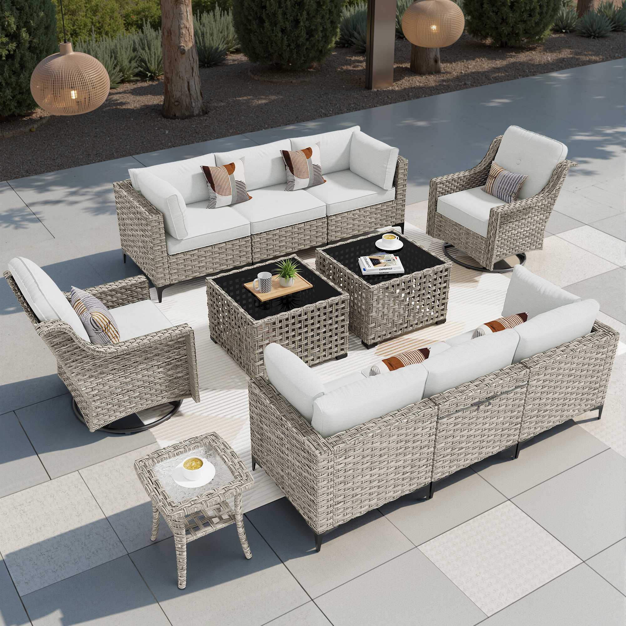 OVIOS 8-piece modular wicker patio conversation set with swivel chair and solar light table.
