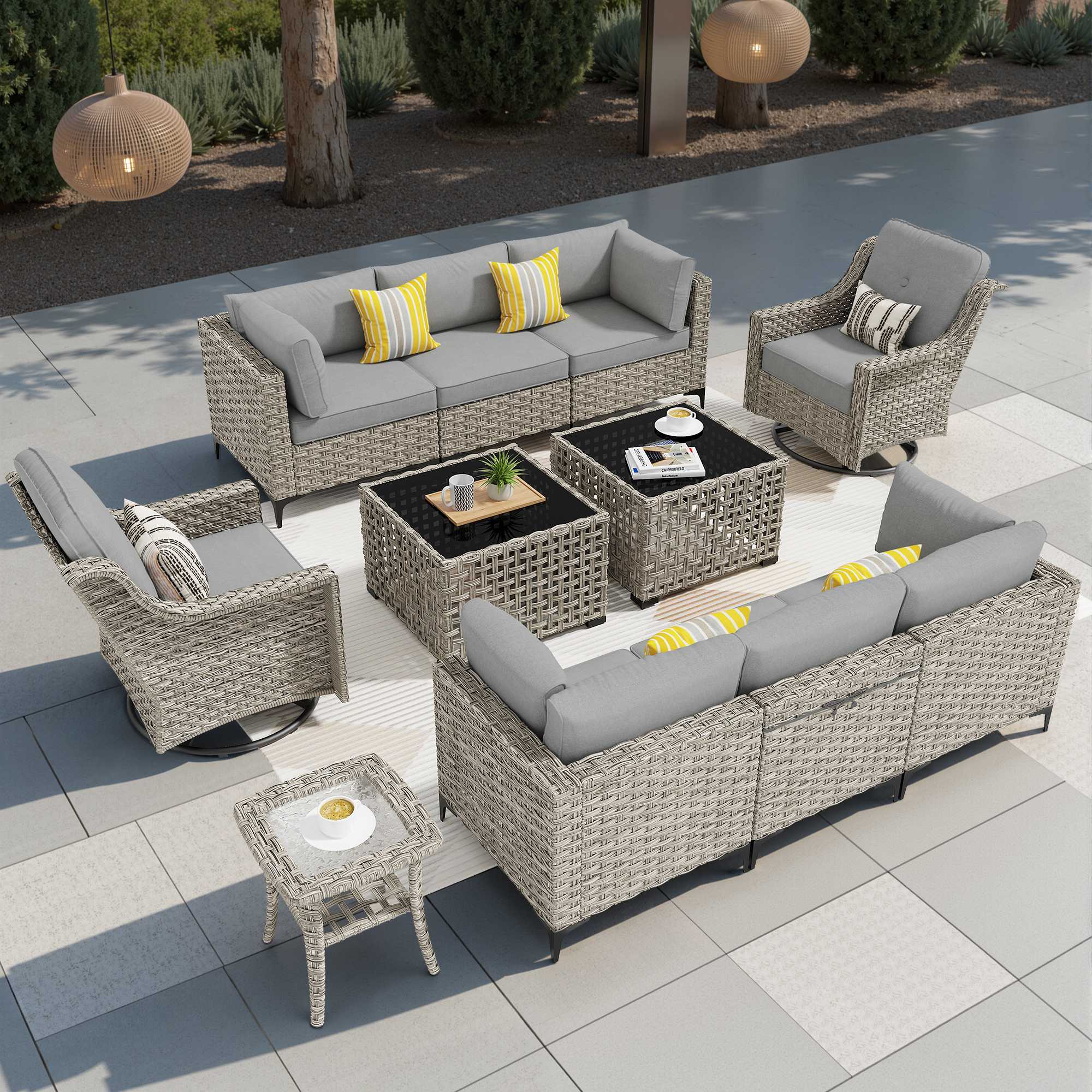 OVIOS grey modular outdoor wicker patio conversation set with swivel chair.