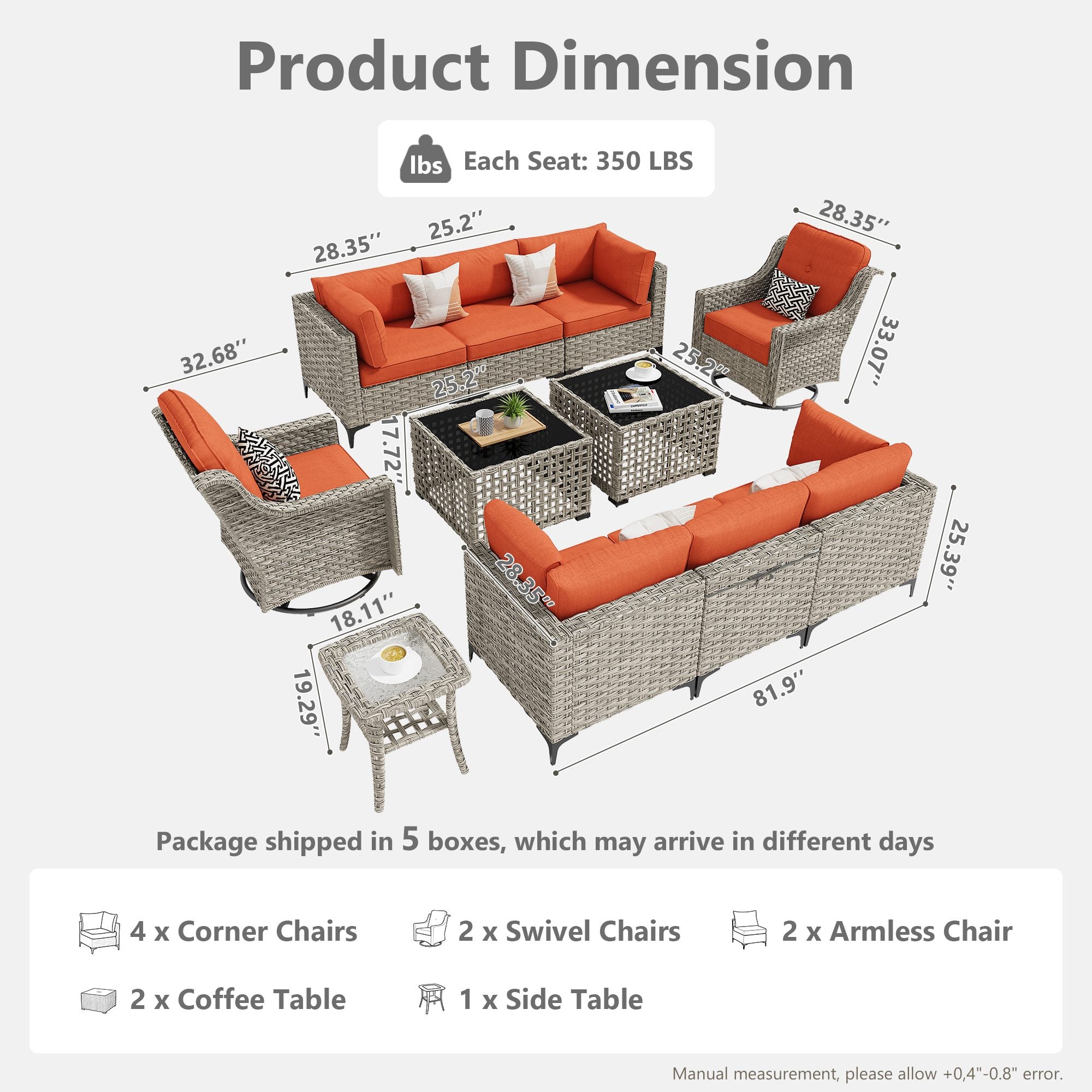 OVIOS outdoor wicker patio set dimensions & components: 4 corner, 2 swivel, 2 armless chairs, 2 tables.