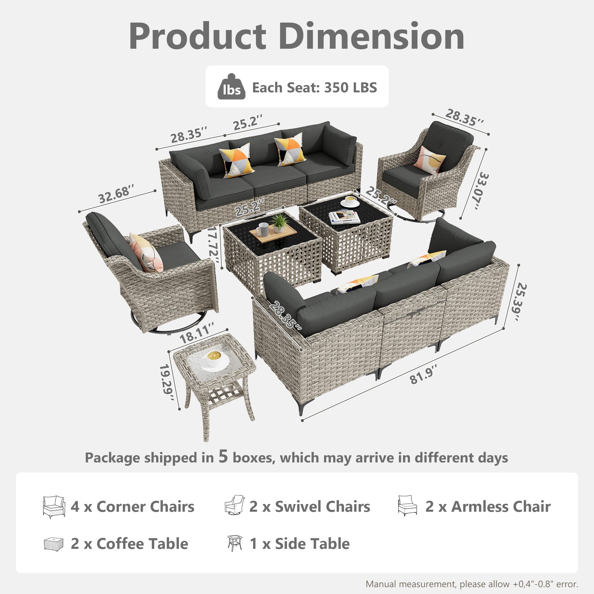 OVIOS modular wicker patio set diagram: dimensions, 350 lbs seat capacity, item list.