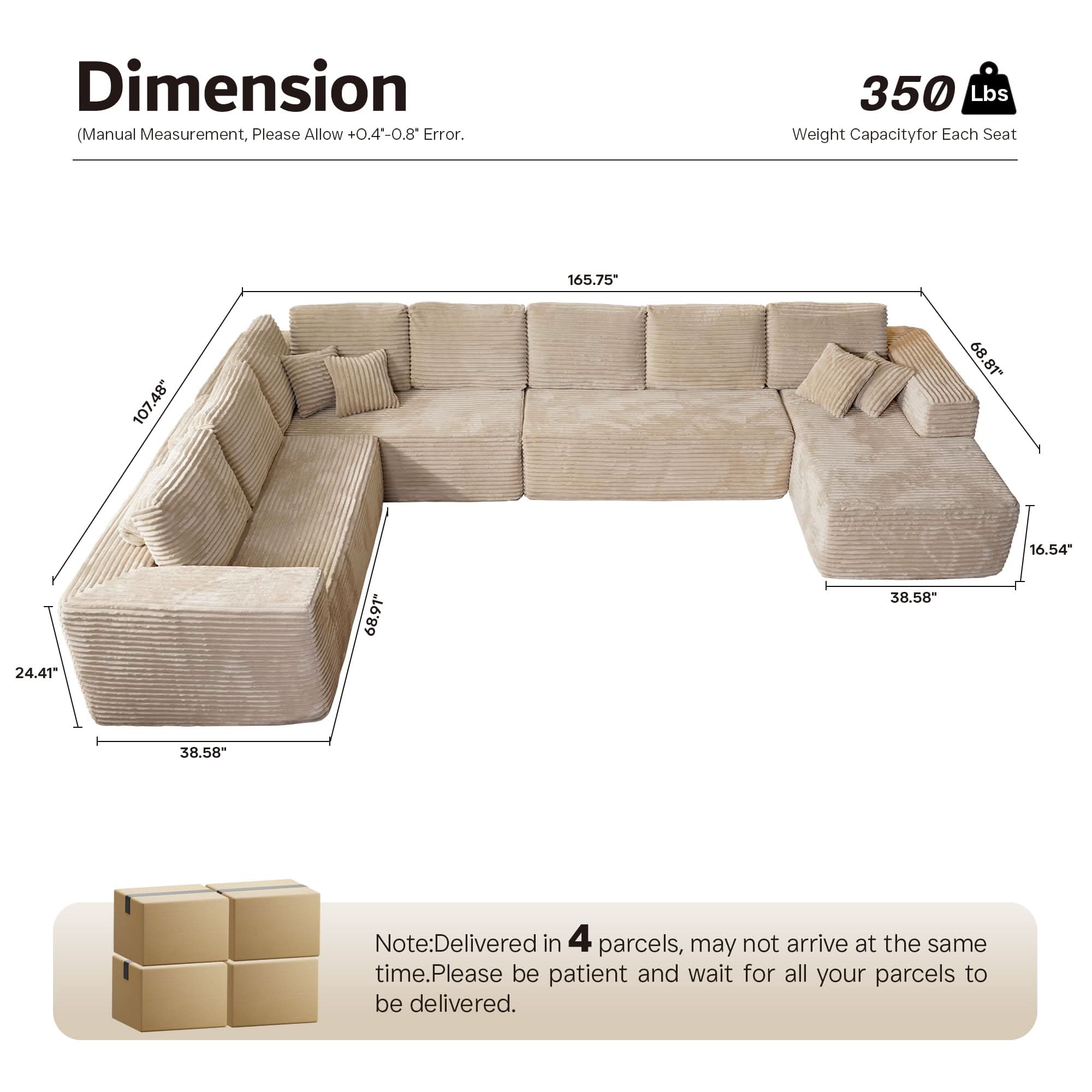 OVIOS Modular Sectional Cloud Couch, Plush Corduroy Sofa with Memory Foam, No Assembly