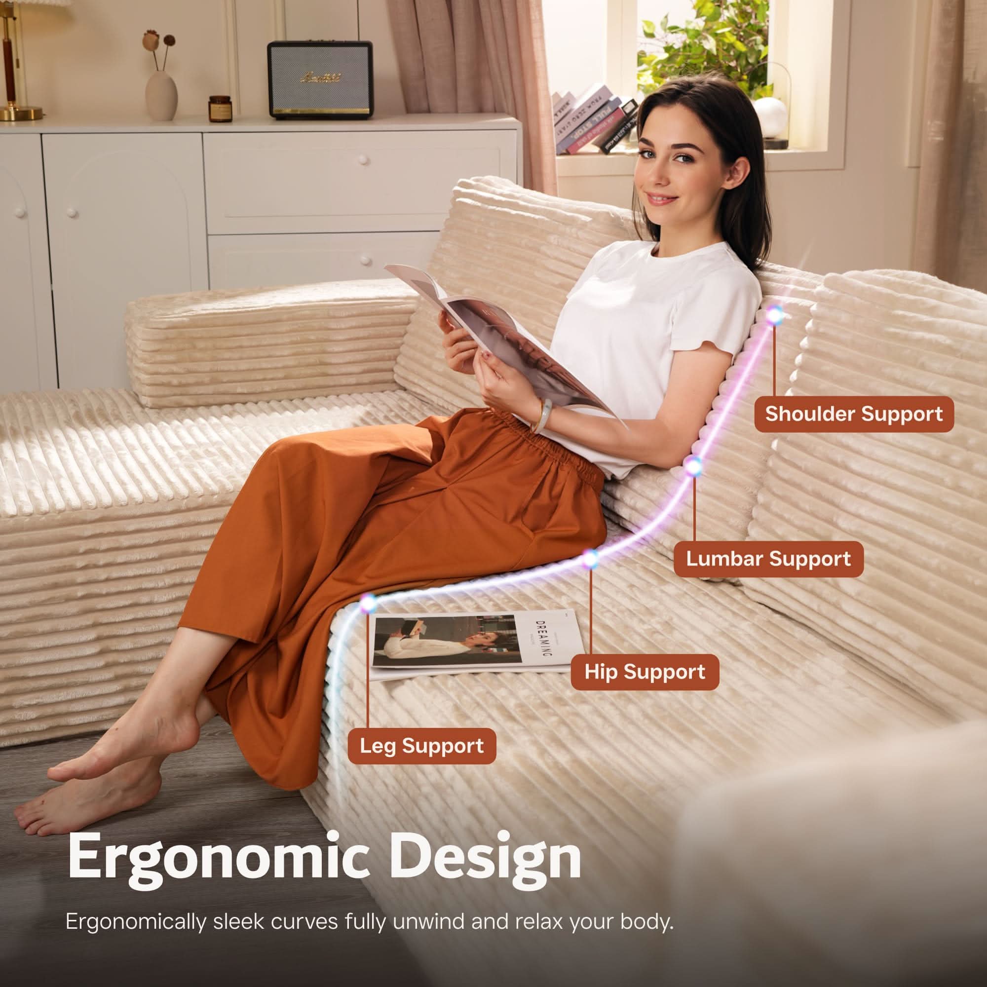 Woman relaxing on Ovios Cloud Corduroy Sectional Sofa with ergonomic design for shoulder, lumbar, hip, and leg support.