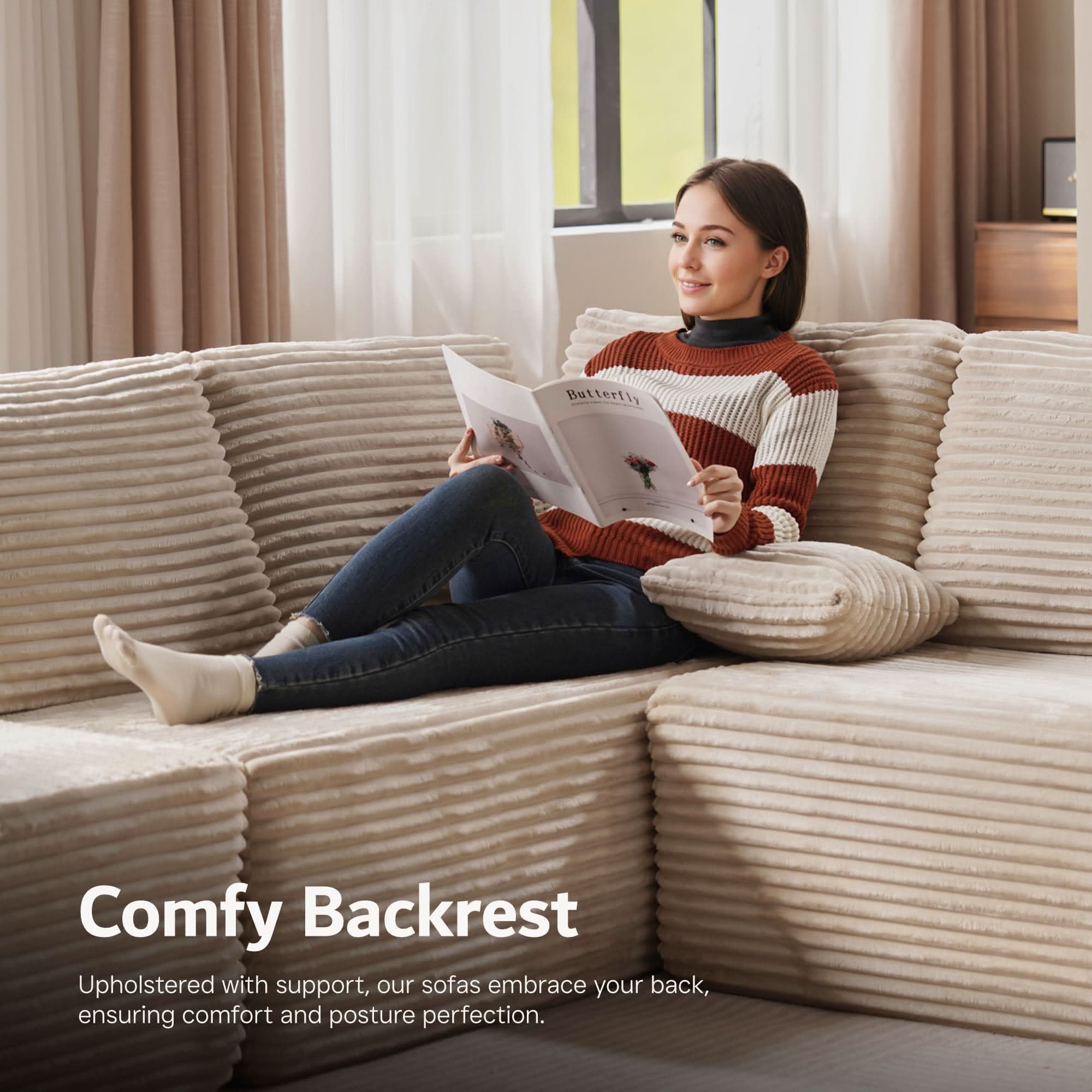Woman relaxing on beige corduroy Ovios Cloud sectional sofa, reading a magazine, featuring comfy backrest and posture support