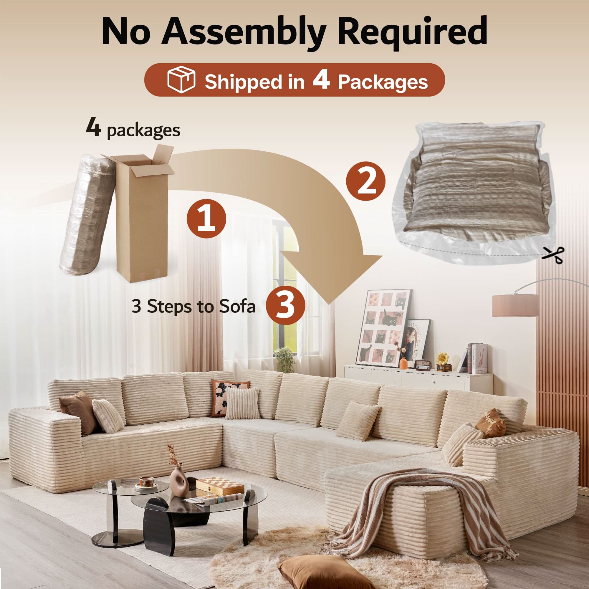 OVIOS Modular Sectional Cloud Couch, Plush Corduroy Sofa with Memory Foam, No Assembly