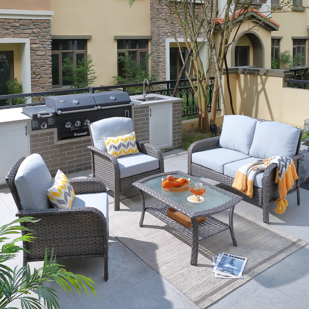 Ovios Patio Furniture Set New August 4 Piece High Back All Weather PE Wicker
