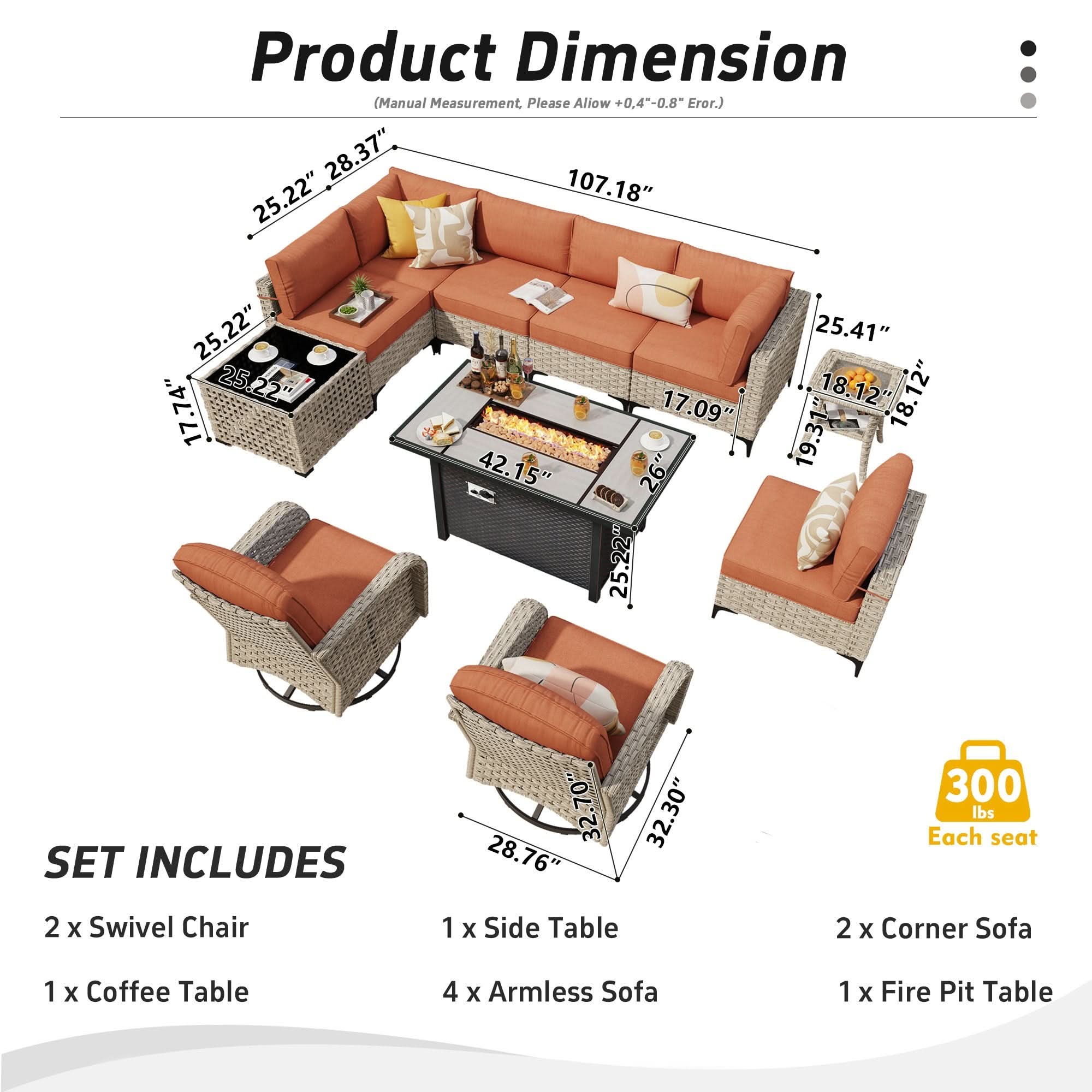 OVIOS modular wicker patio set with fire pit table, showing dimensions and layout.