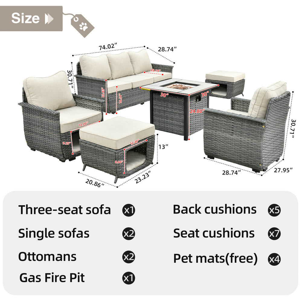Ovios Patio Conversation Set 6 Pieces Dark Grey Wicker with 30'' Fire Pit and Multifunctional Storage