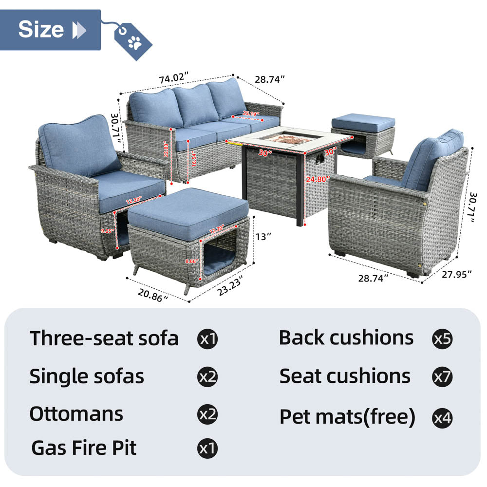 Ovios Patio Conversation Set 6 Pieces Dark Grey Wicker with 30'' Fire Pit and Multifunctional Storage
