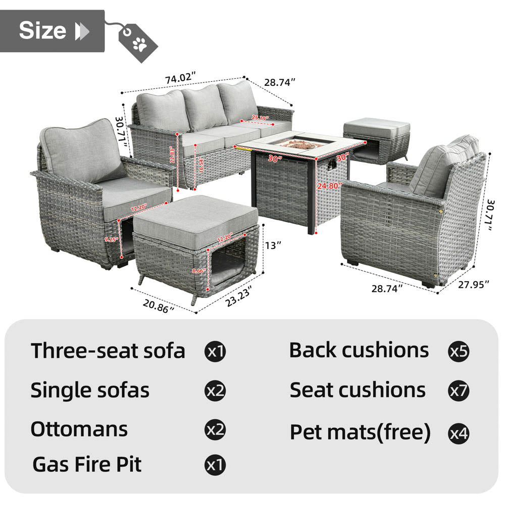 Ovios Patio Conversation Set 6 Pieces Dark Grey Wicker with 30'' Fire Pit and Multifunctional Storage