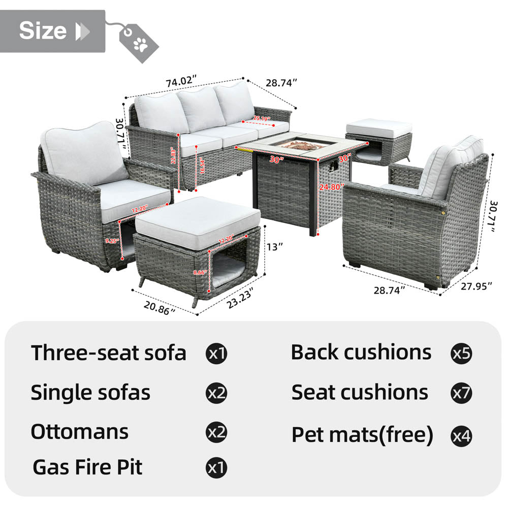 Ovios Patio Conversation Set 6 Pieces Dark Grey Wicker with 30'' Fire Pit and Multifunctional Storage
