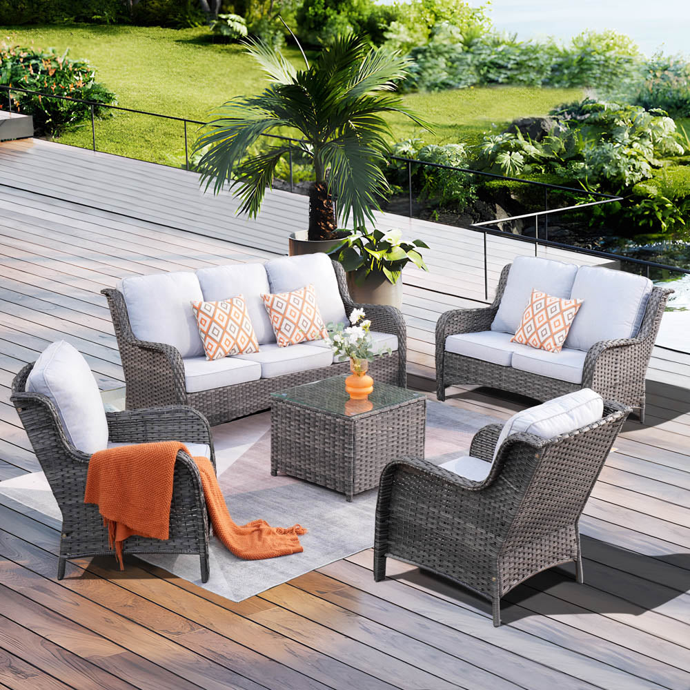 Ovios Patio Kenard 5-Piece Conversation Set with Loveseat and Tempered Glass Table