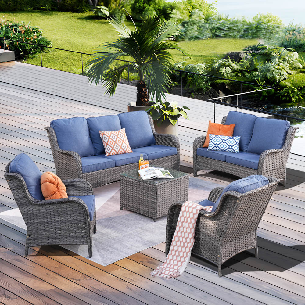 Ovios Patio Kenard 5-Piece Conversation Set with Loveseat and Tempered Glass Table