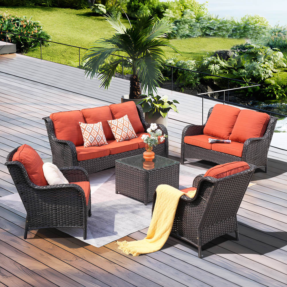 Ovios Patio Kenard 5-Piece Conversation Set with Loveseat and Tempered Glass Table