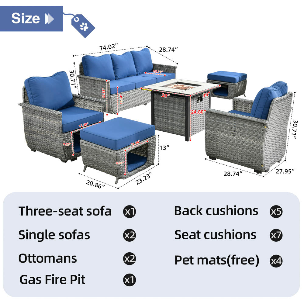 Ovios Patio Conversation Set 6 Pieces Dark Grey Wicker with 30'' Fire Pit and Multifunctional Storage