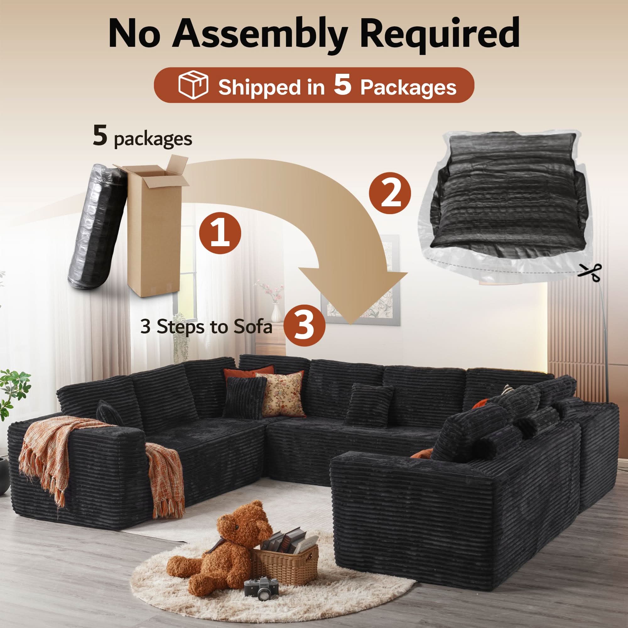 OVIOS Modular Sectional Cloud Couch, Plush Corduroy Sofa with Memory Foam, No Assembly