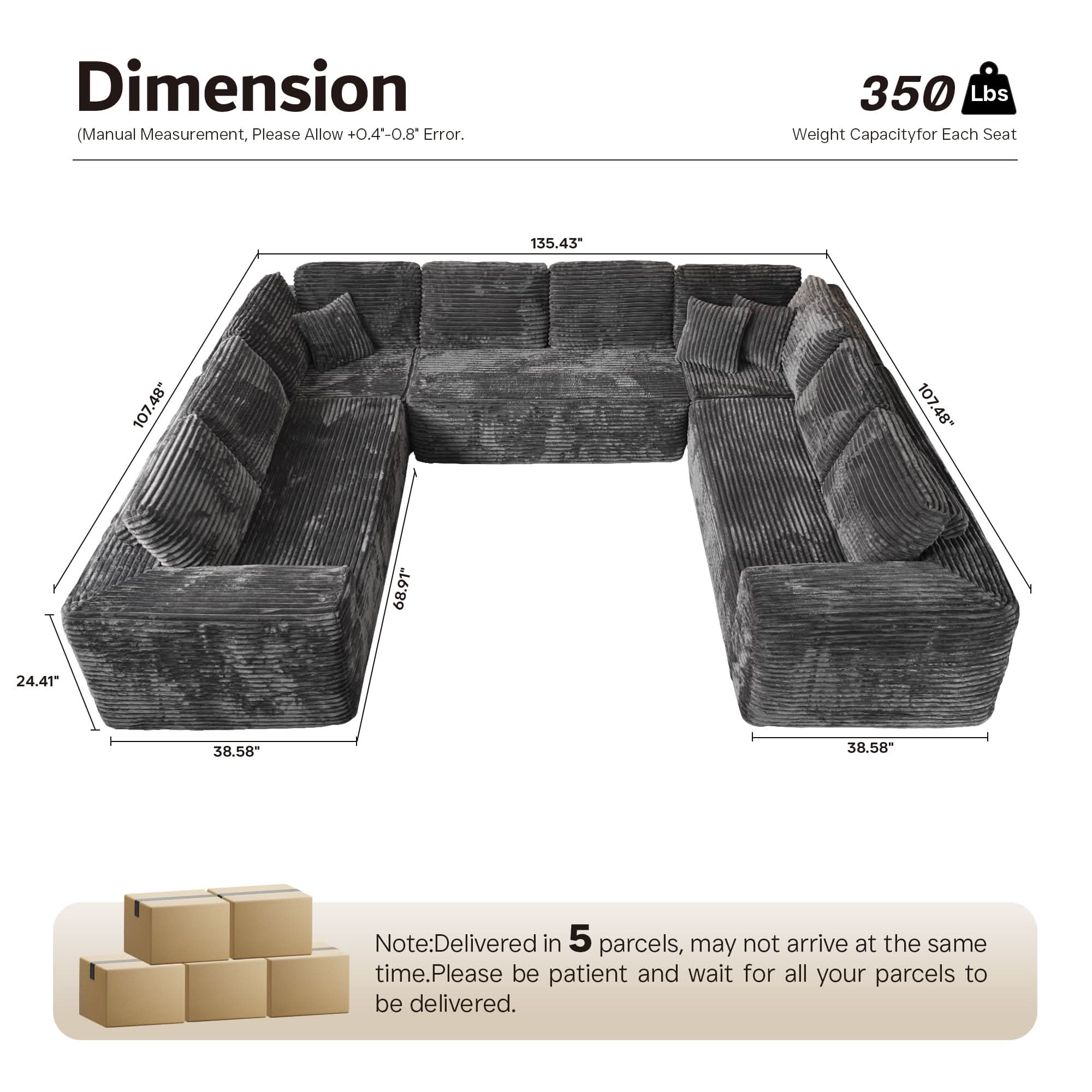 OVIOS Modular Sectional Cloud Couch, Plush Corduroy Sofa with Memory Foam, No Assembly
