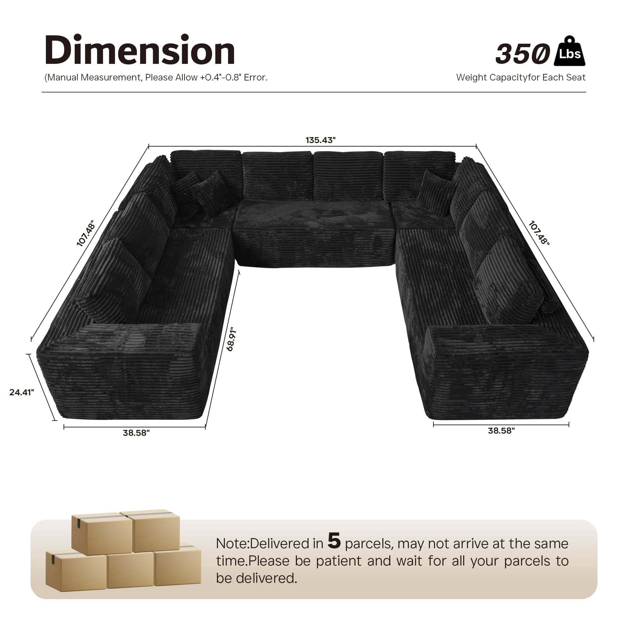 OVIOS Modular Sectional Cloud Couch, Plush Corduroy Sofa with Memory Foam, No Assembly