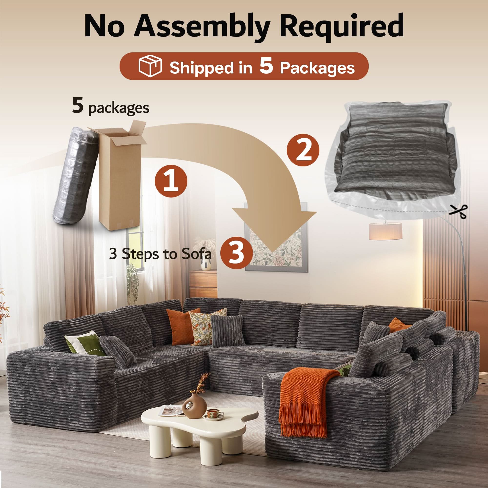 OVIOS Modular Sectional Cloud Couch, Plush Corduroy Sofa with Memory Foam, No Assembly