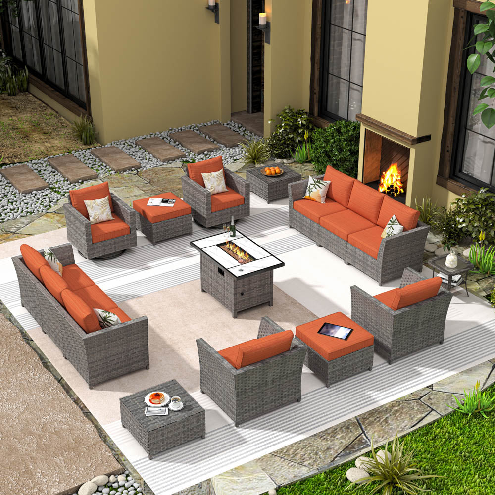 OVIOS New Rimaru Series Patio Furniture Set 15-Piece include Swivel Chairs and 42"Rectangle Fire Pit Table Partially Assembled