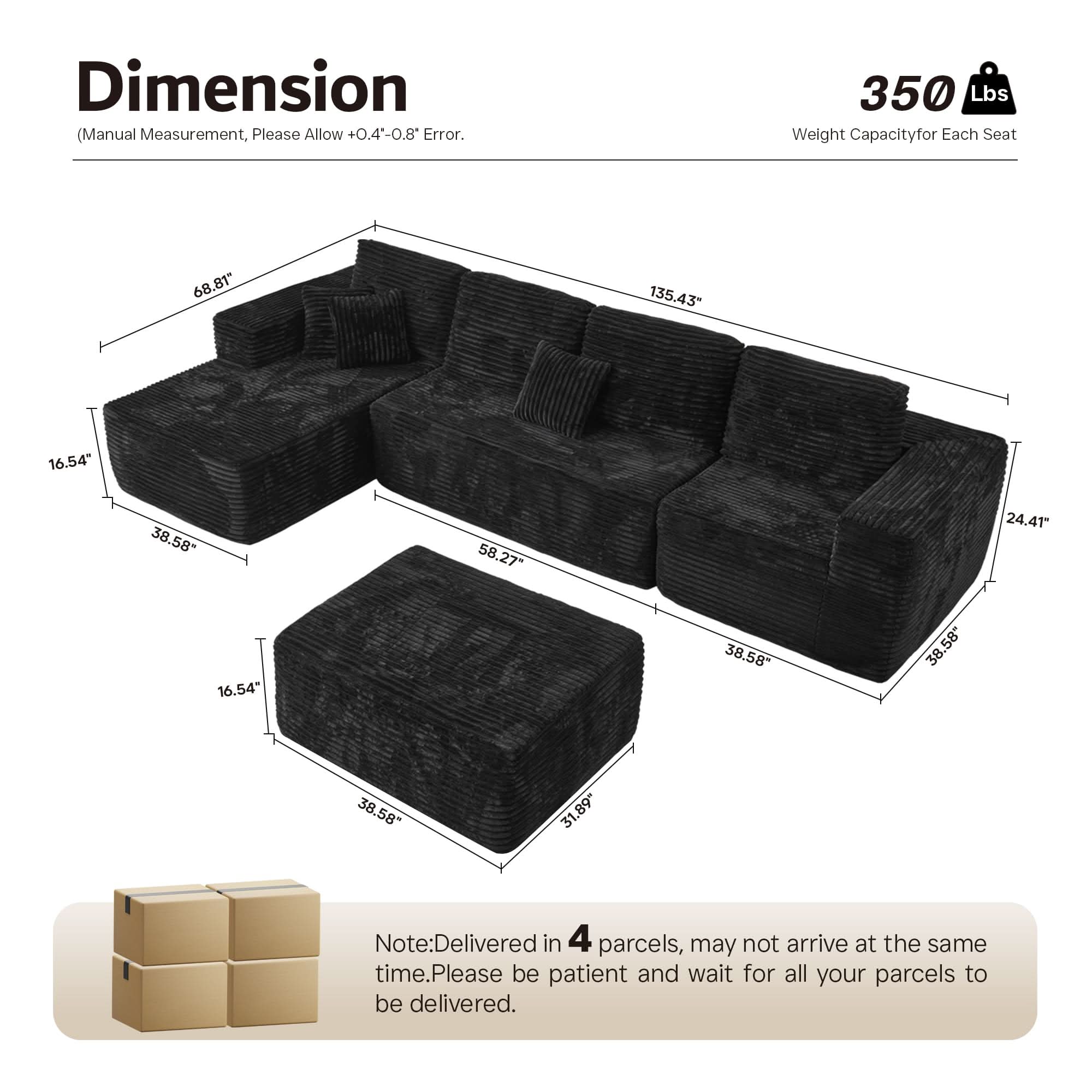 OVIOS Modular Sectional Cloud Couch, Plush Corduroy Sofa with Memory Foam, No Assembly
