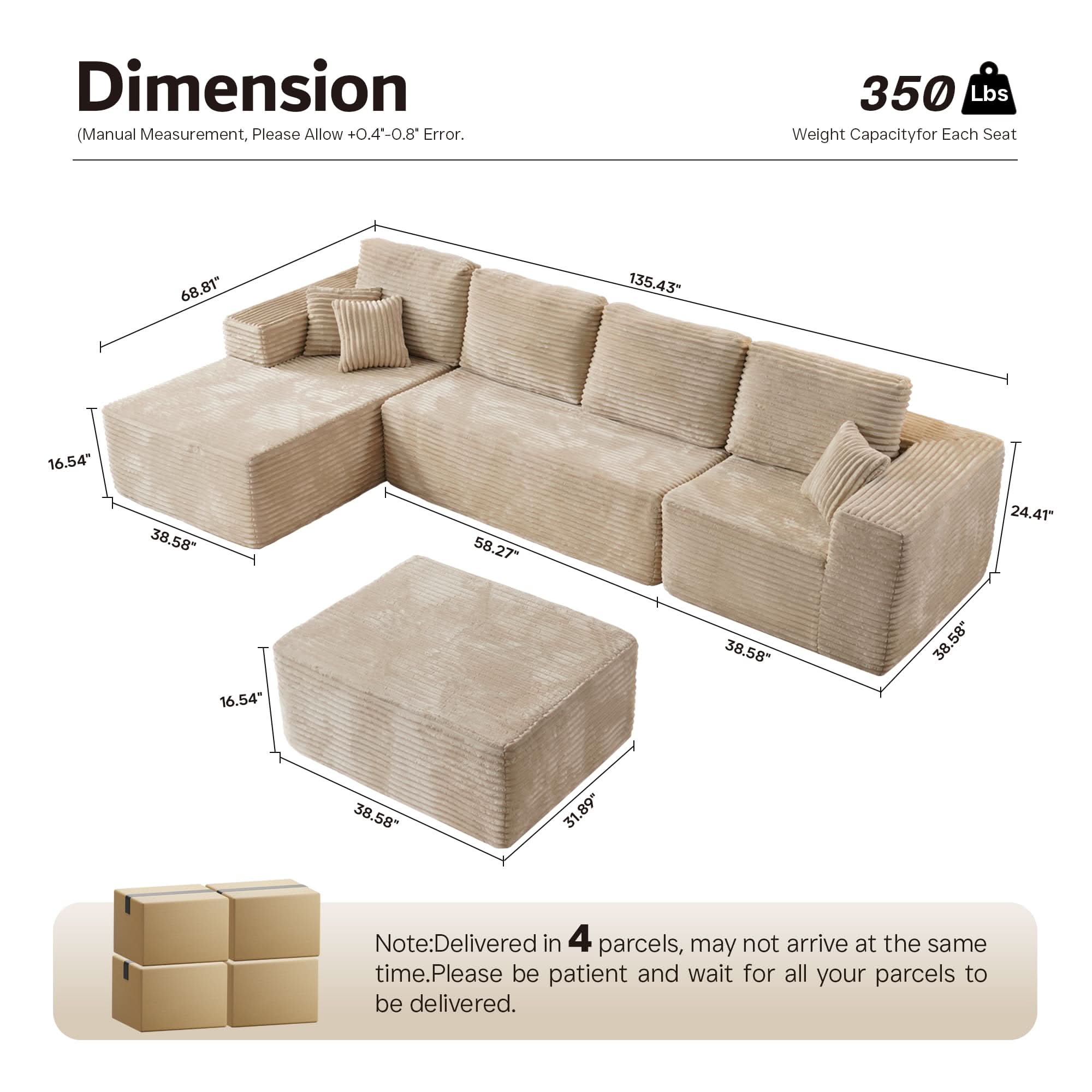 OVIOS Modular Sectional Cloud Couch, Plush Corduroy Sofa with Memory Foam, No Assembly