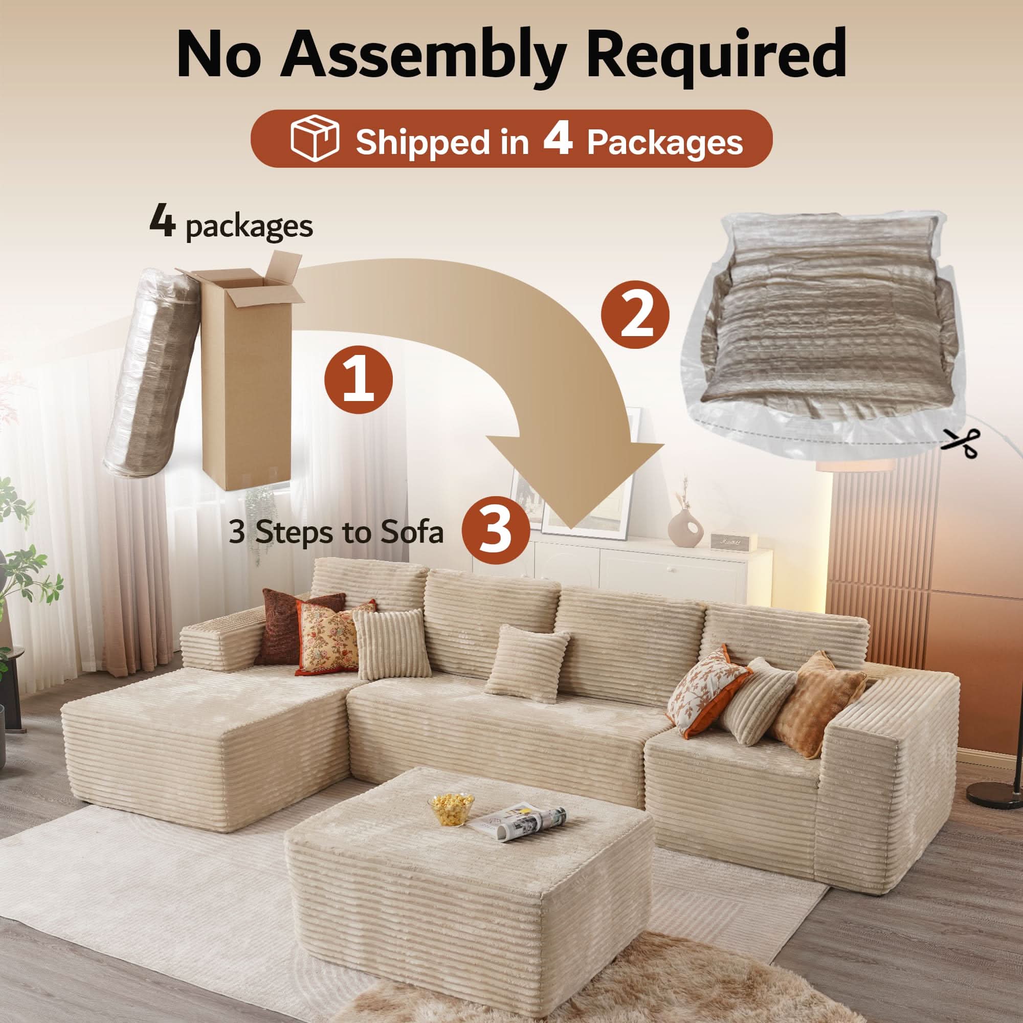 OVIOS Modular Sectional Cloud Couch, Plush Corduroy Sofa with Memory Foam, No Assembly