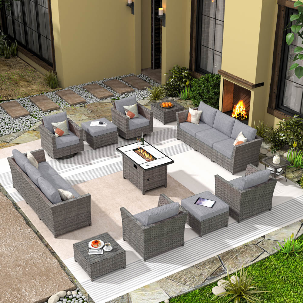 OVIOS New Rimaru Series Patio Furniture Set 15-Piece include Swivel Chairs and 42"Rectangle Fire Pit Table Partially Assembled