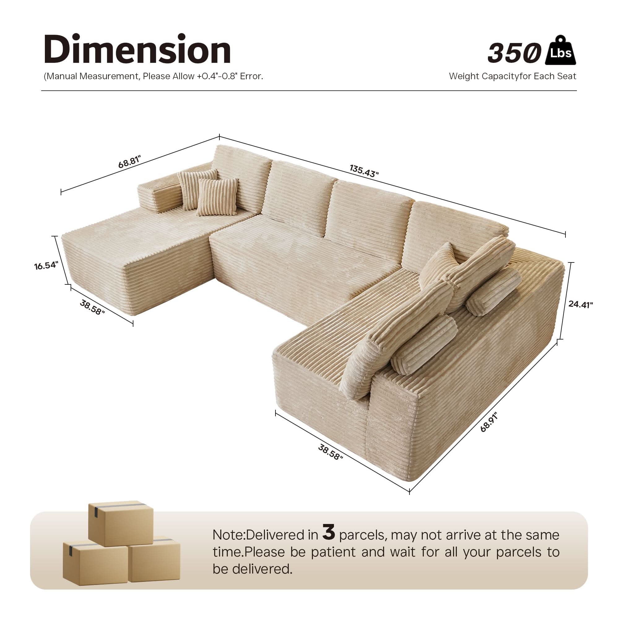 OVIOS Modular Sectional Cloud Couch, Plush Corduroy Sofa with Memory Foam, No Assembly