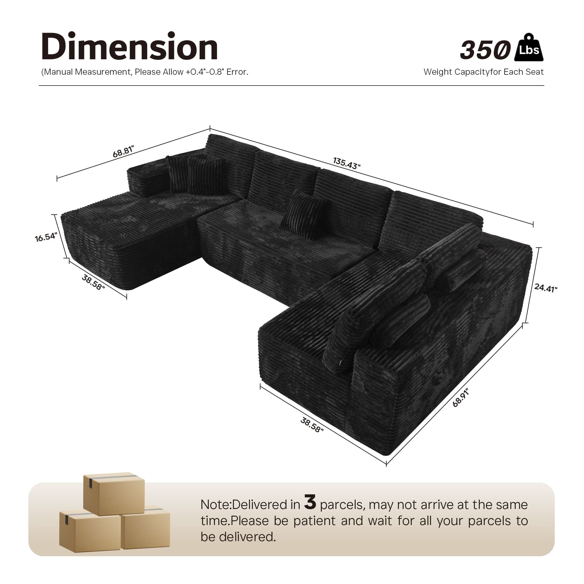 OVIOS Modular Sectional Cloud Couch, Plush Corduroy Sofa with Memory Foam, No Assembly