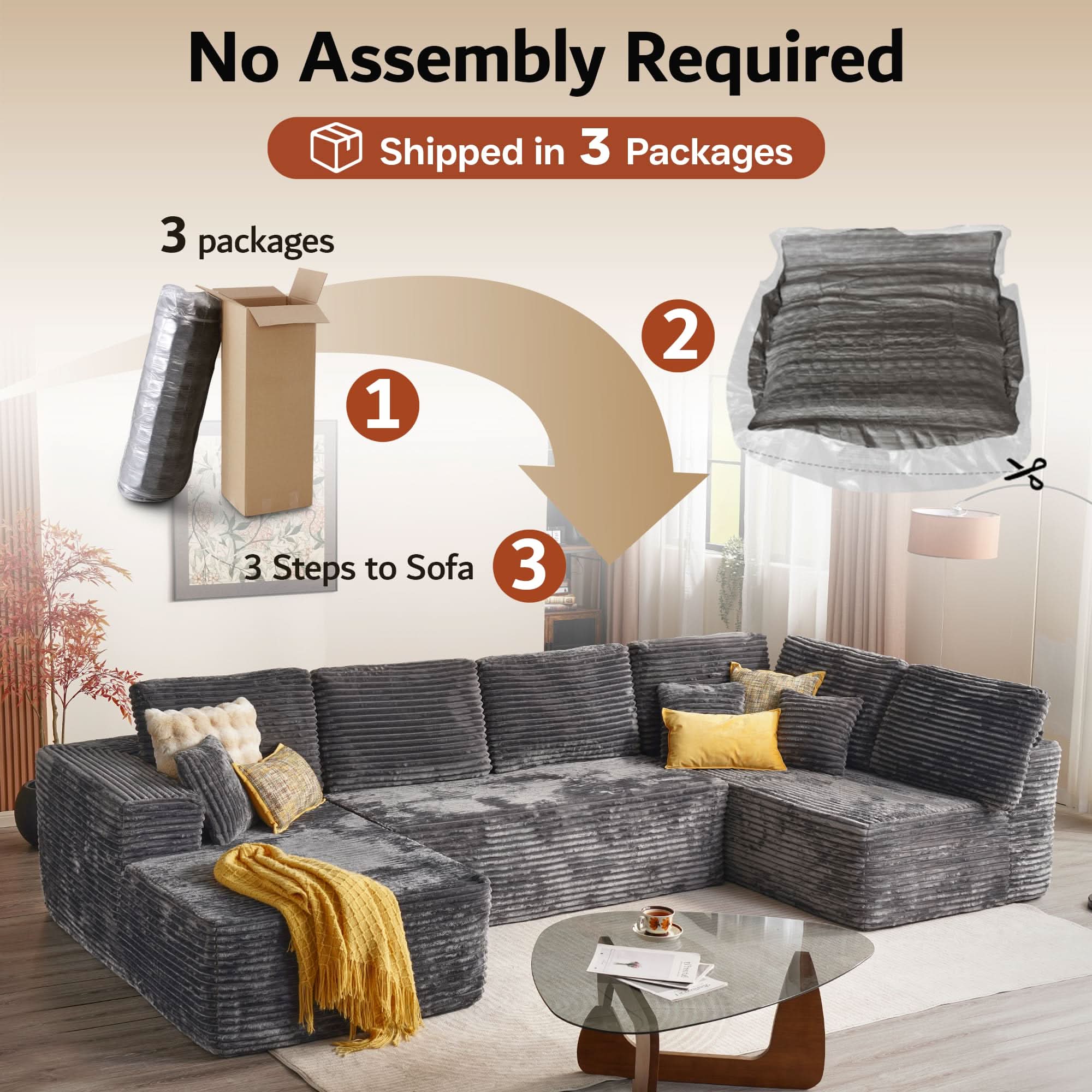 OVIOS Modular Sectional Cloud Couch, Plush Corduroy Sofa with Memory Foam, No Assembly