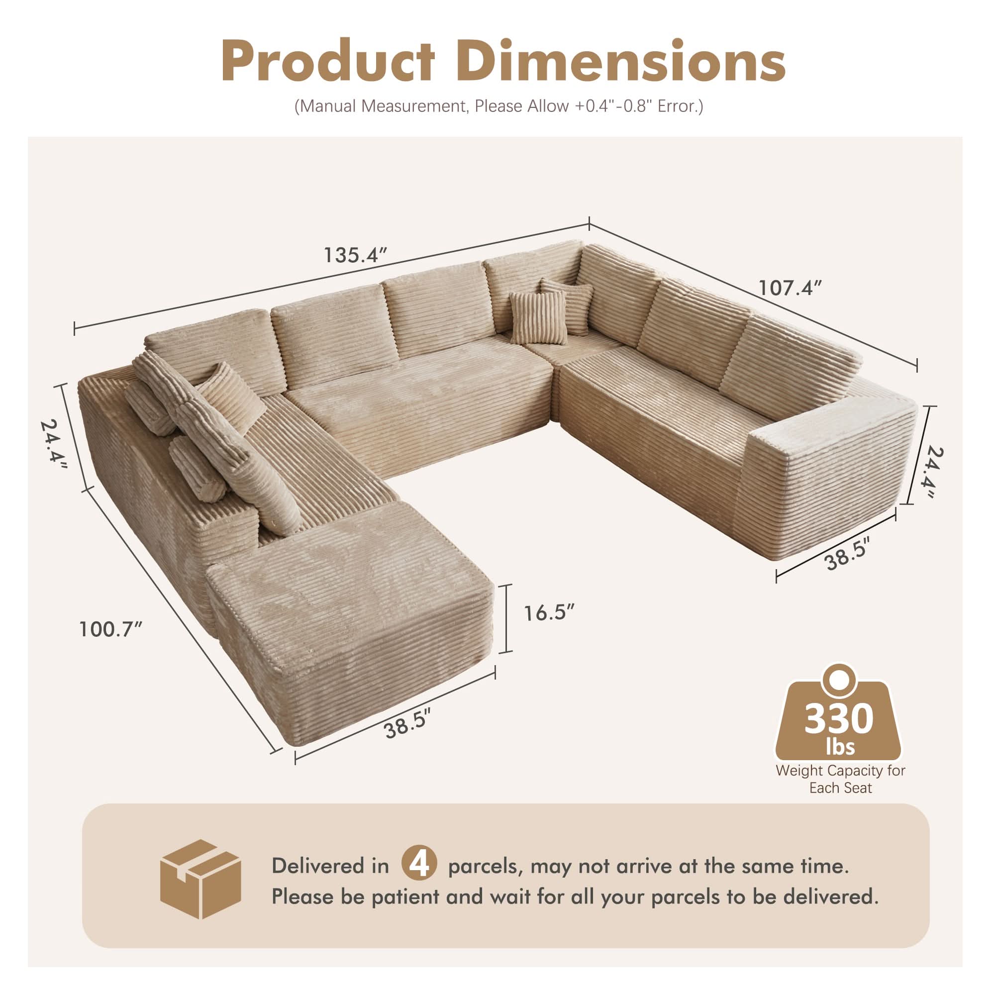 OVIOS Modular Sectional Cloud Couch, Plush Corduroy Sofa with Memory Foam, No Assembly