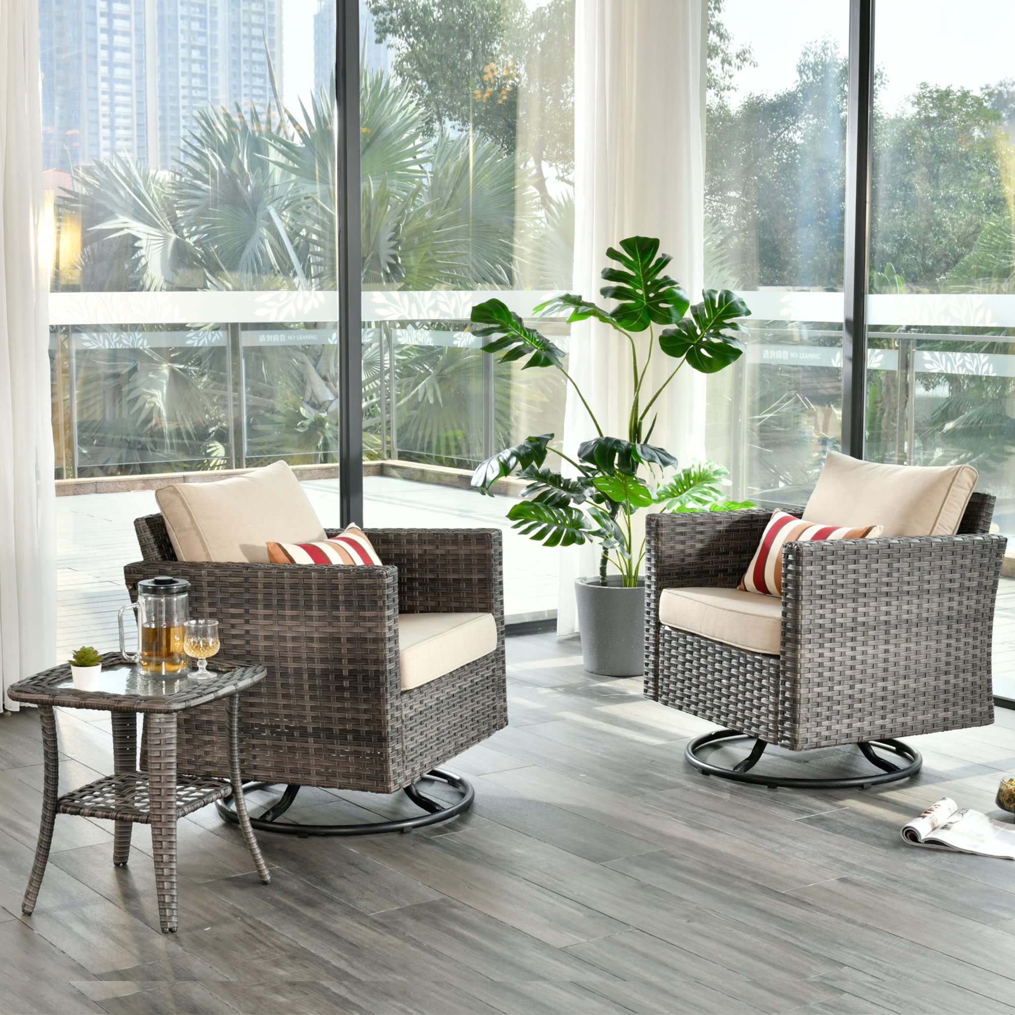 OVIOS Patio Furniture 3-Piece Set with Swivel Chairs and Table Square Shape Armrest