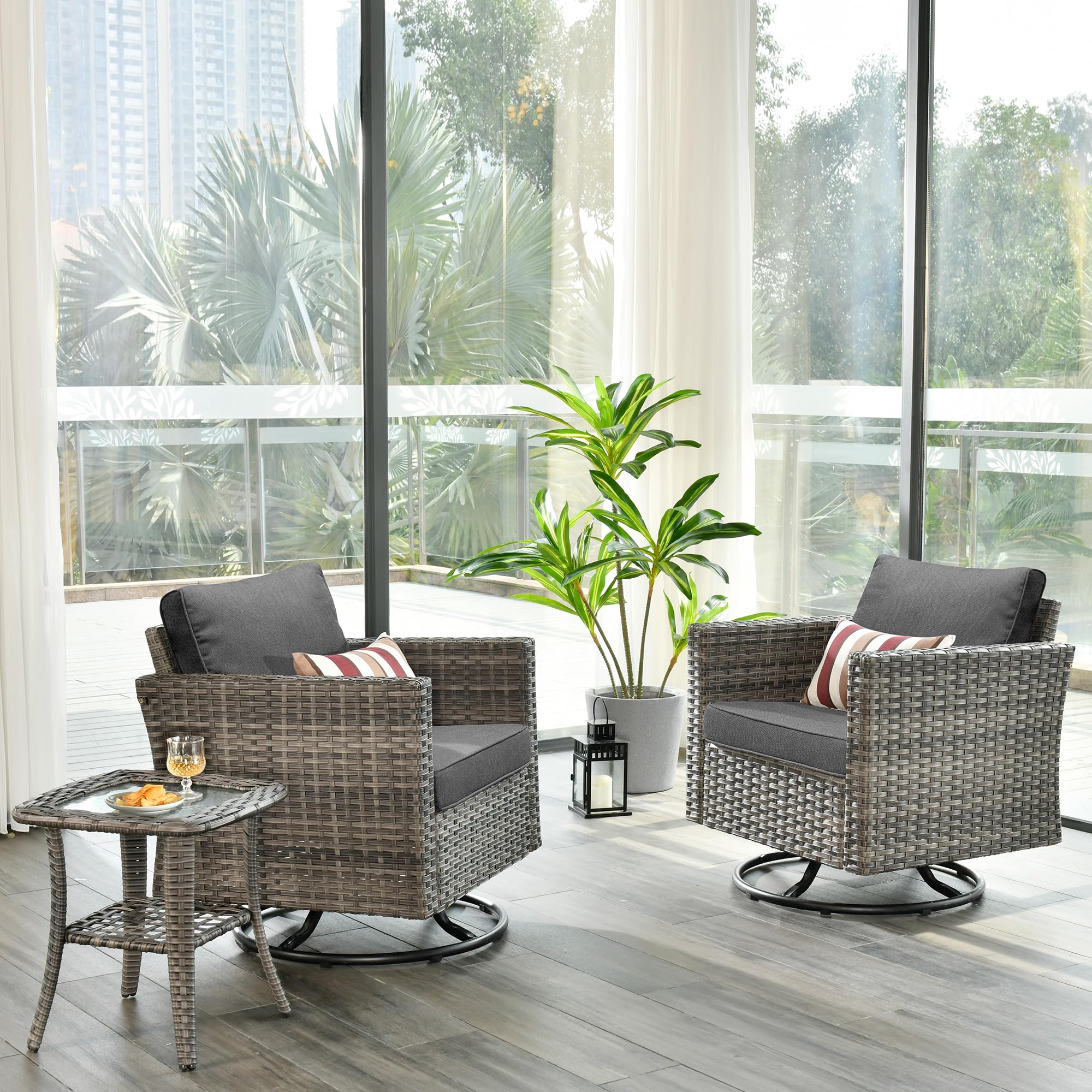 OVIOS Patio Furniture 3-Piece Set with Swivel Chairs and Table Square Shape Armrest