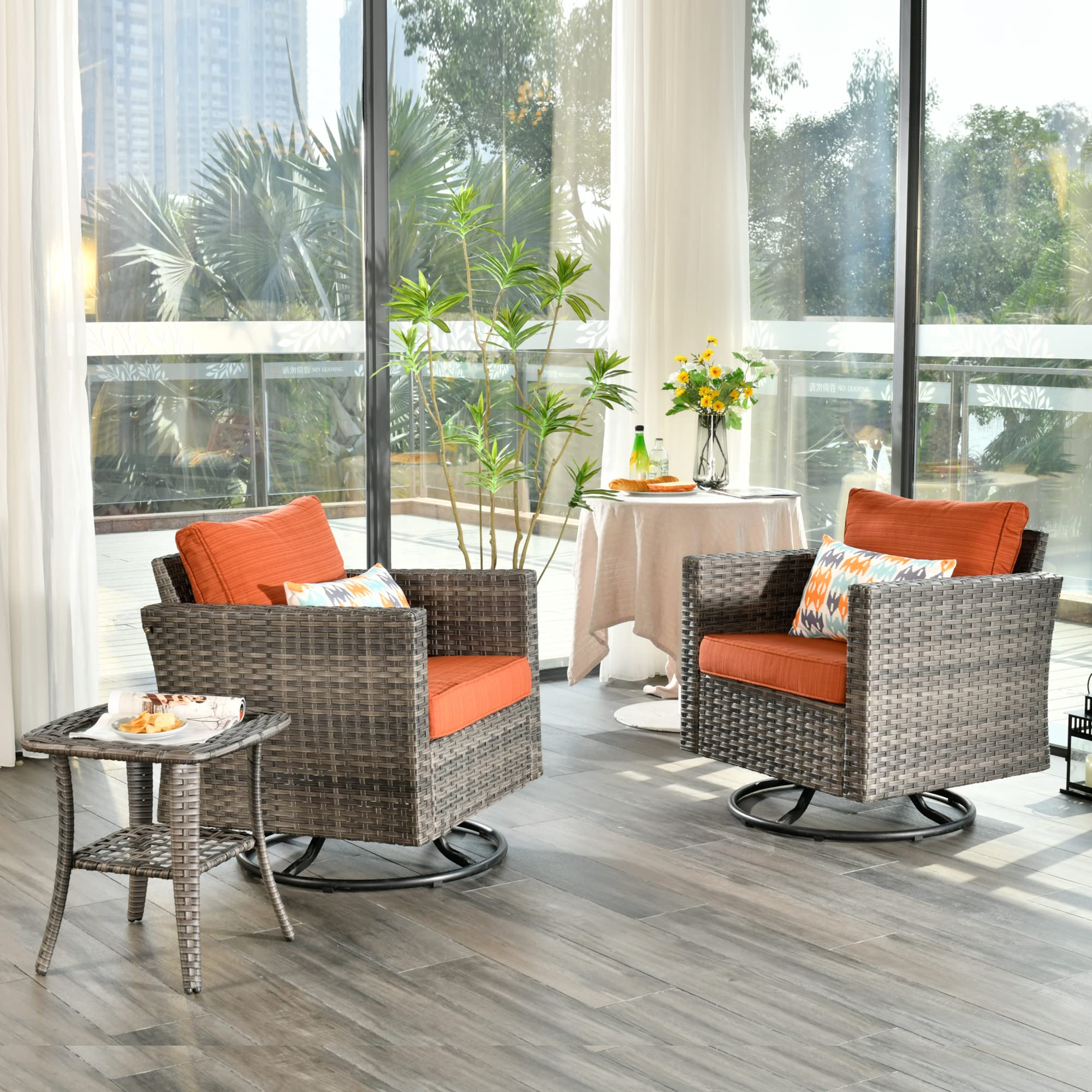 OVIOS Patio Furniture 3-Piece Set with Swivel Chairs and Table Square Shape Armrest