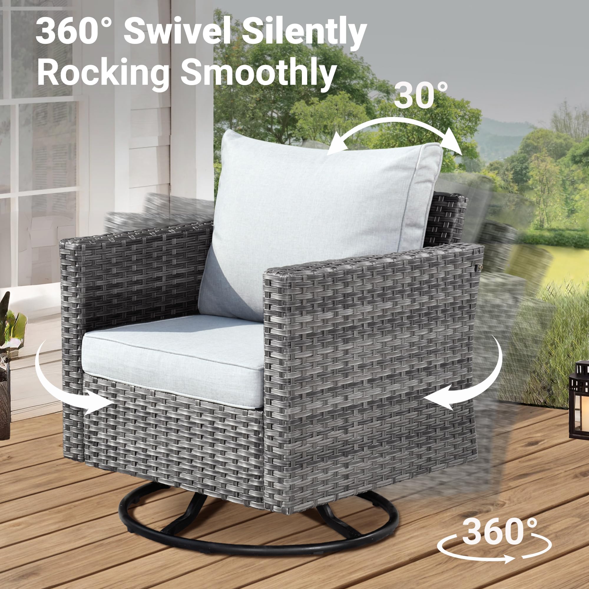OVIOS Patio Furniture 3-Piece Set with Swivel Chairs and Table Square Shape Armrest