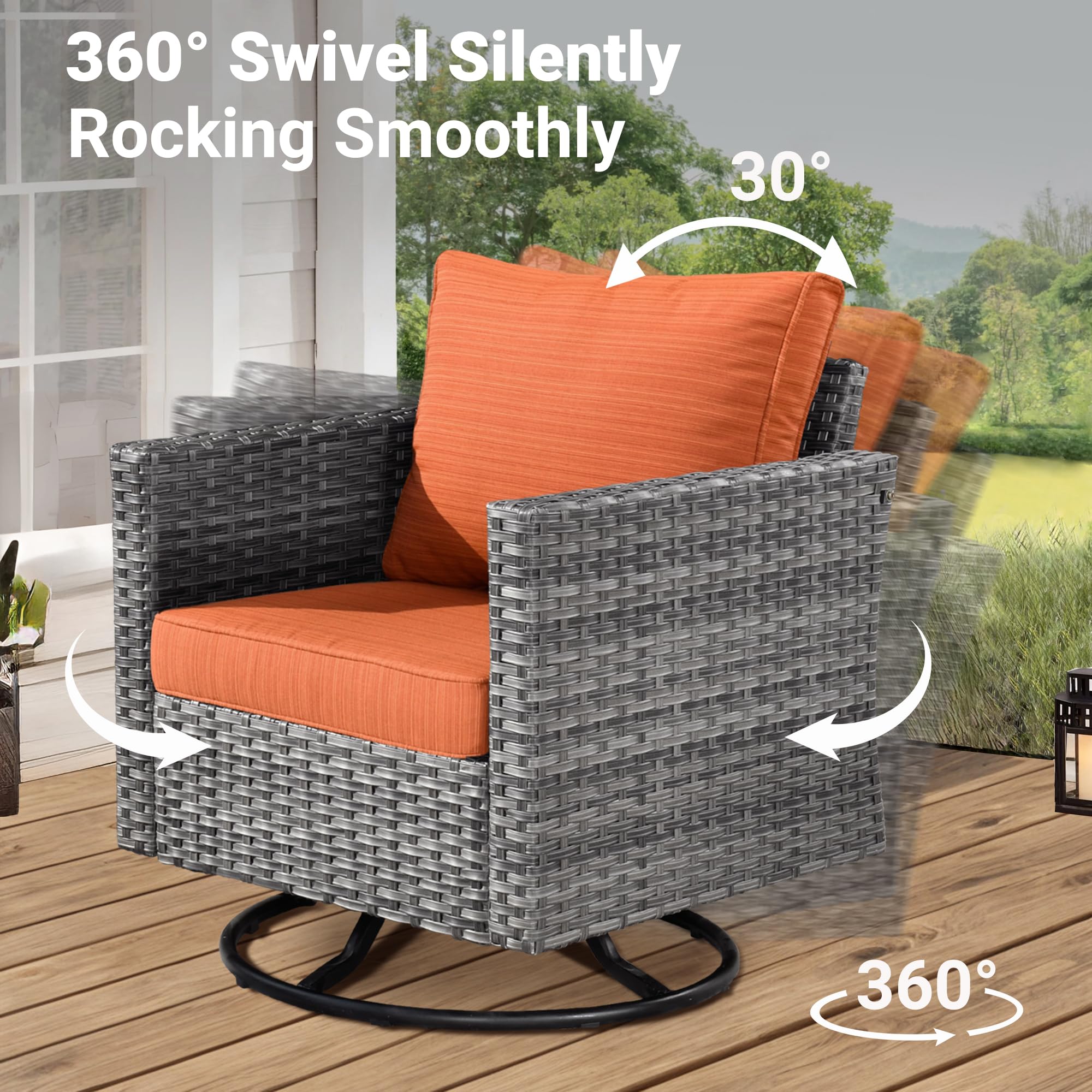 OVIOS Patio Furniture 3-Piece Set with Swivel Chairs and Table Square Shape Armrest