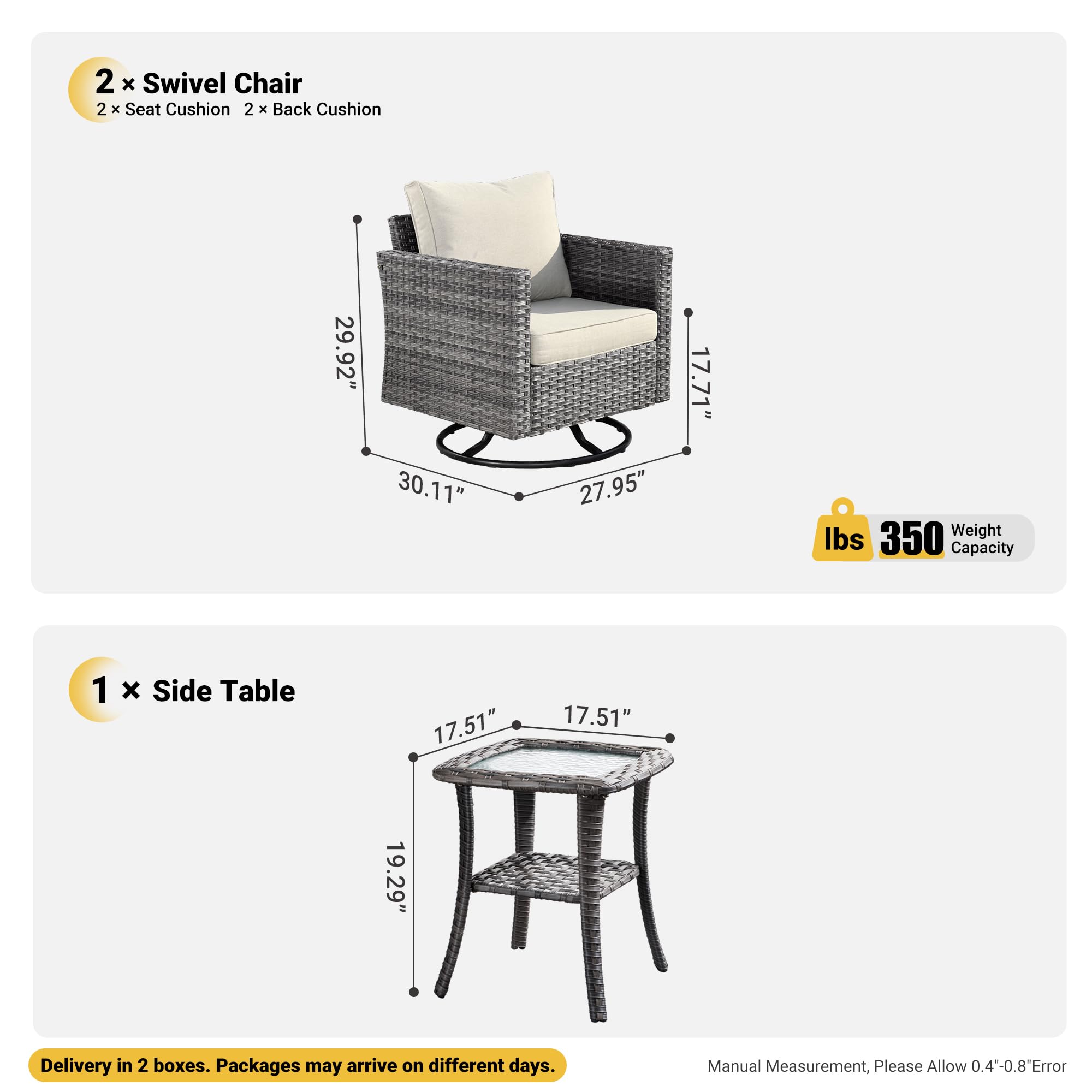 OVIOS Patio Furniture 3-Piece Set with Swivel Chairs and Table Square Shape Armrest