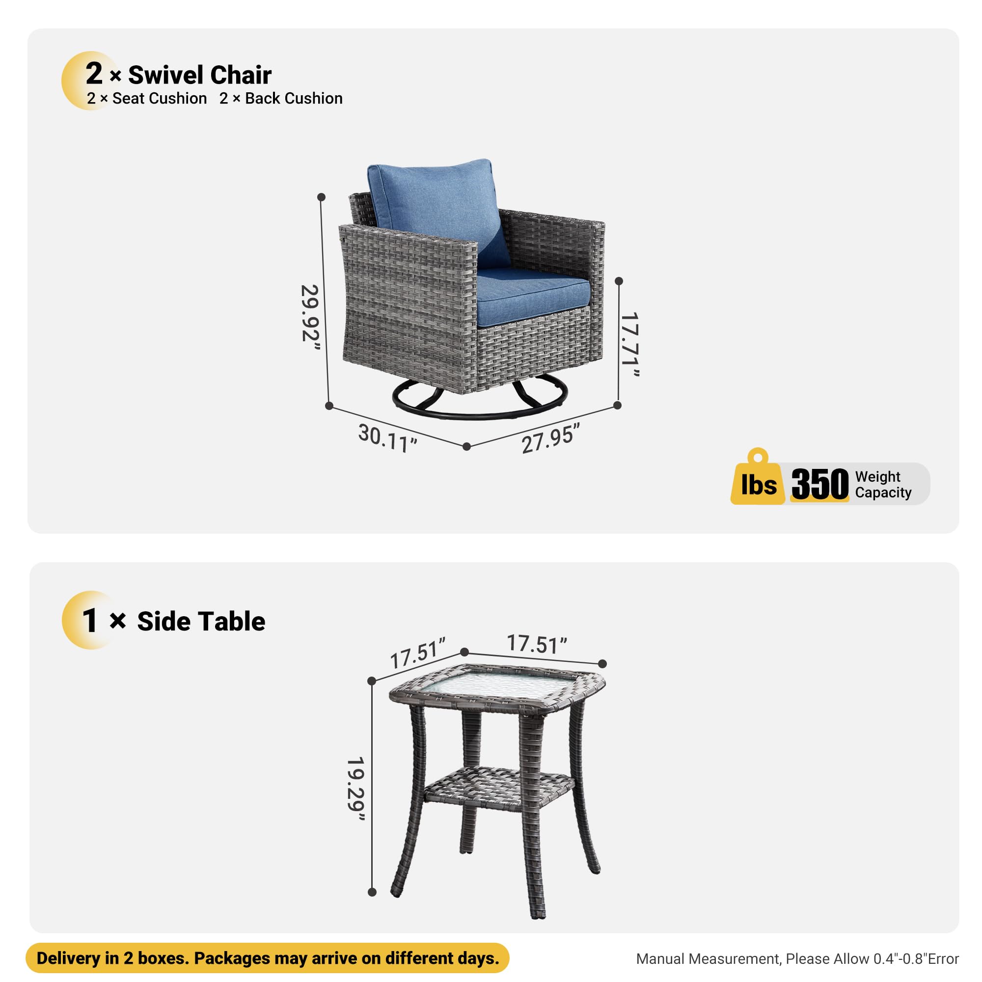OVIOS Patio Furniture 3-Piece Set with Swivel Chairs and Table Square Shape Armrest