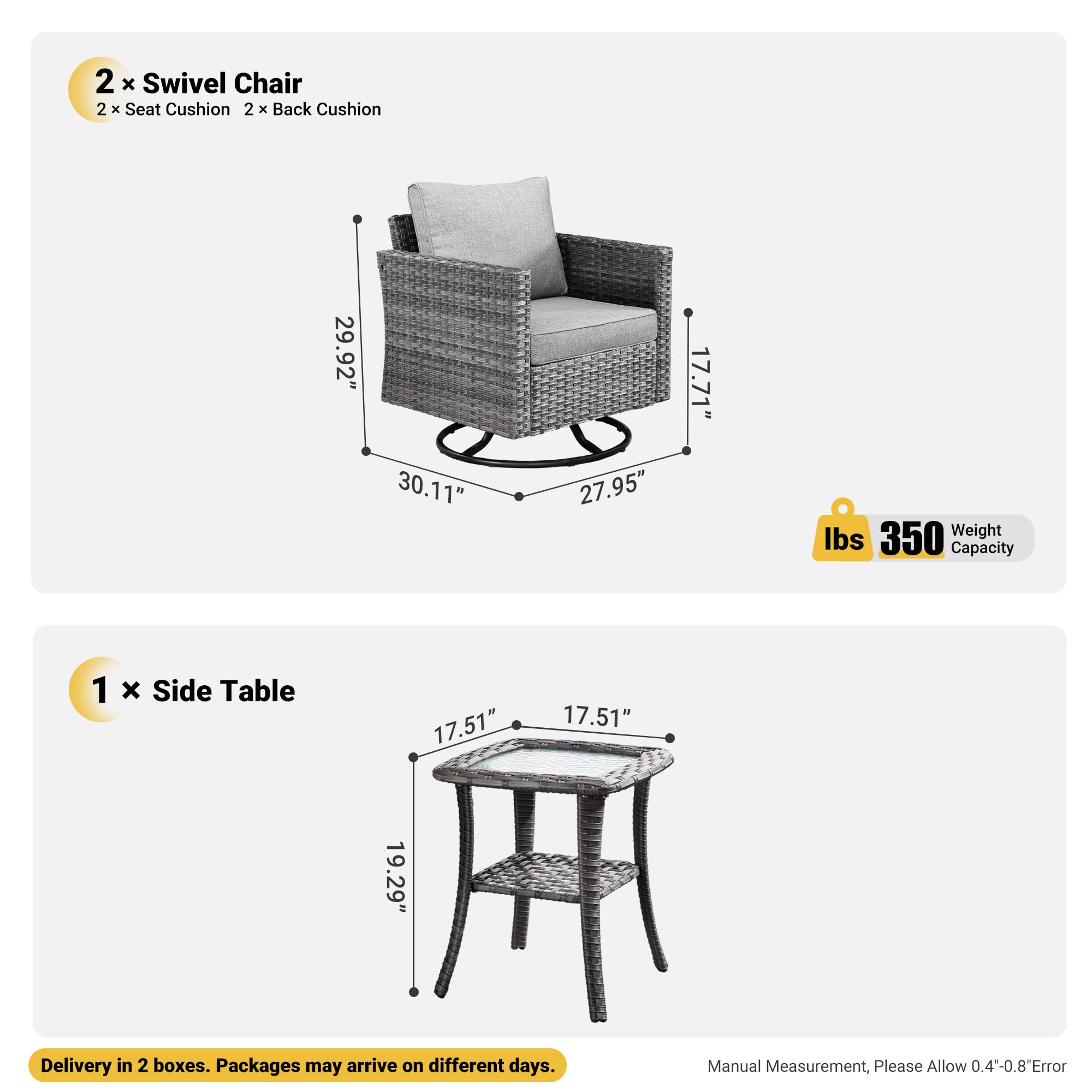 OVIOS Patio Furniture 3-Piece Set with Swivel Chairs and Table Square Shape Armrest