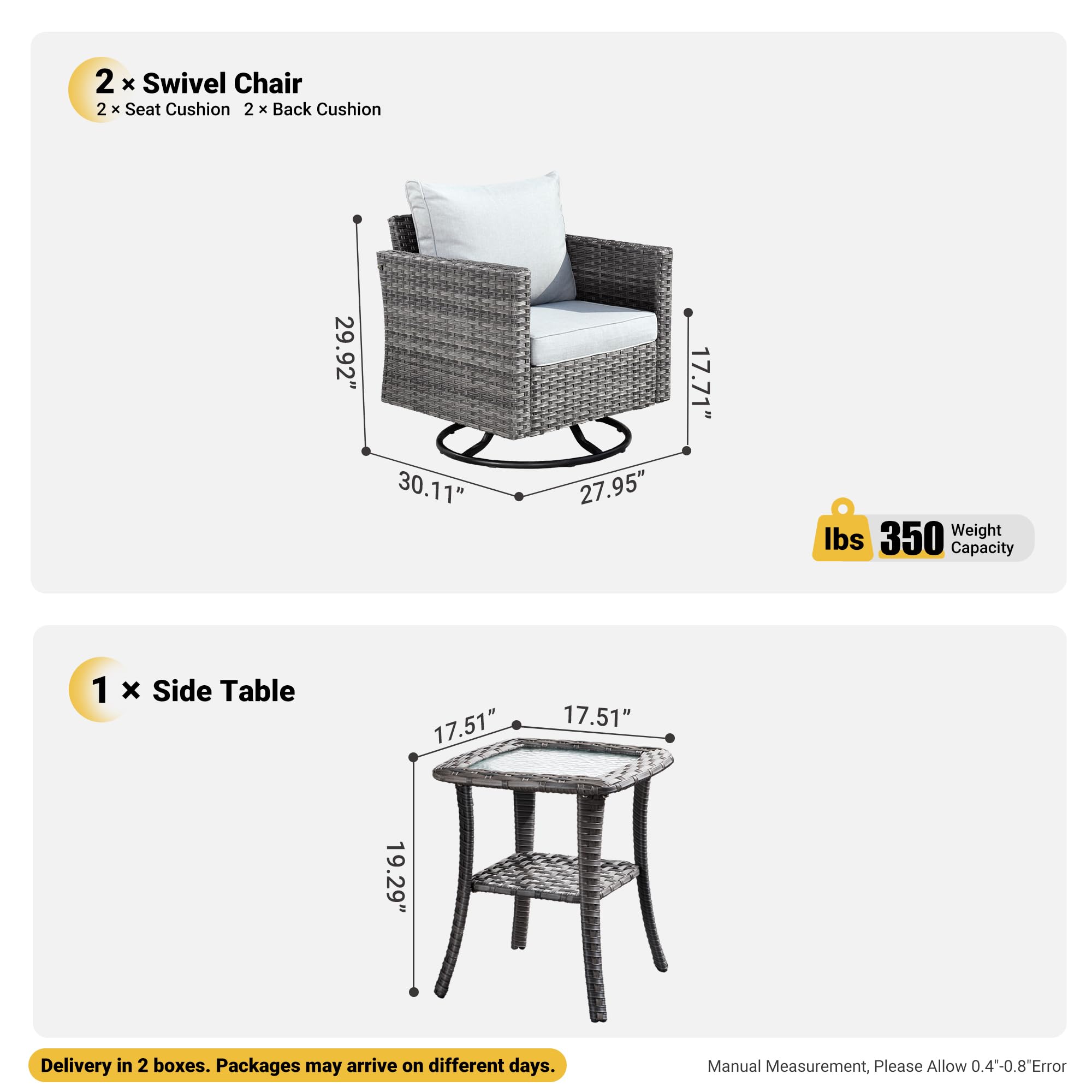 OVIOS Patio Furniture 3-Piece Set with Swivel Chairs and Table Square Shape Armrest