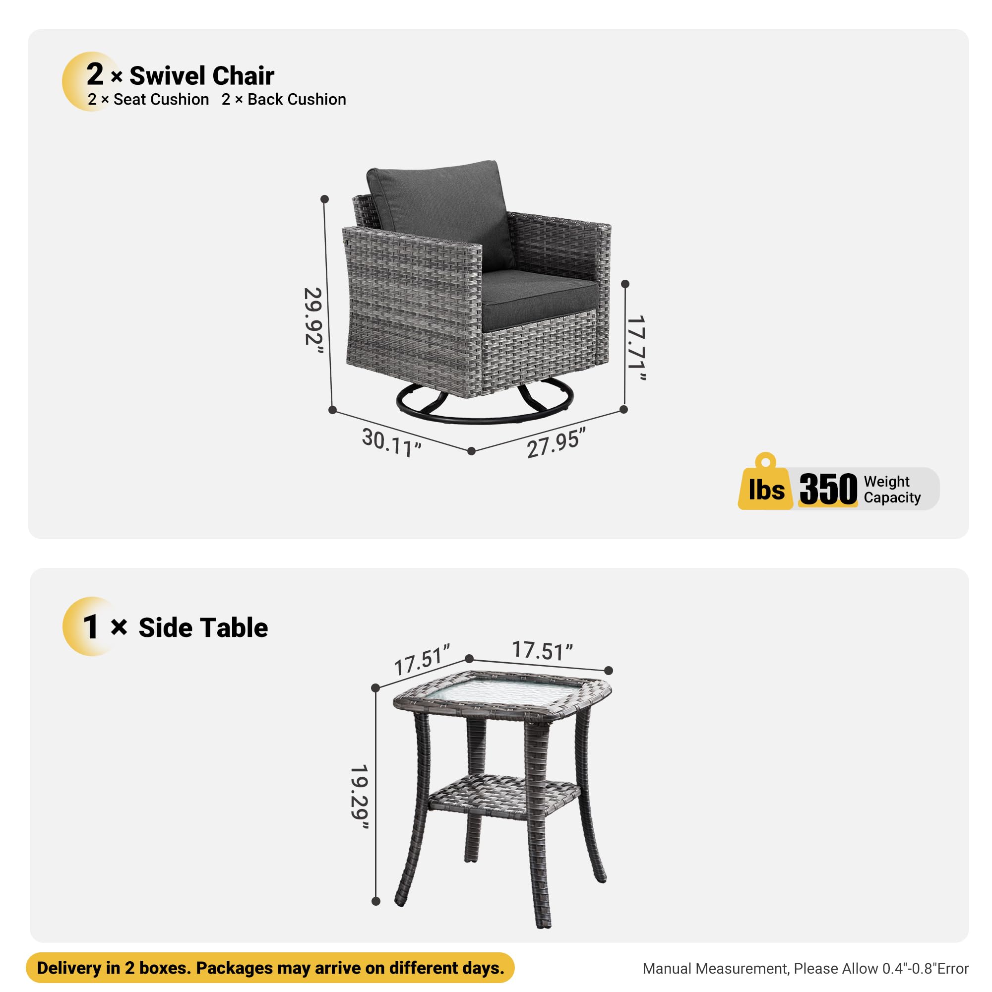 OVIOS Patio Furniture 3-Piece Set with Swivel Chairs and Table Square Shape Armrest